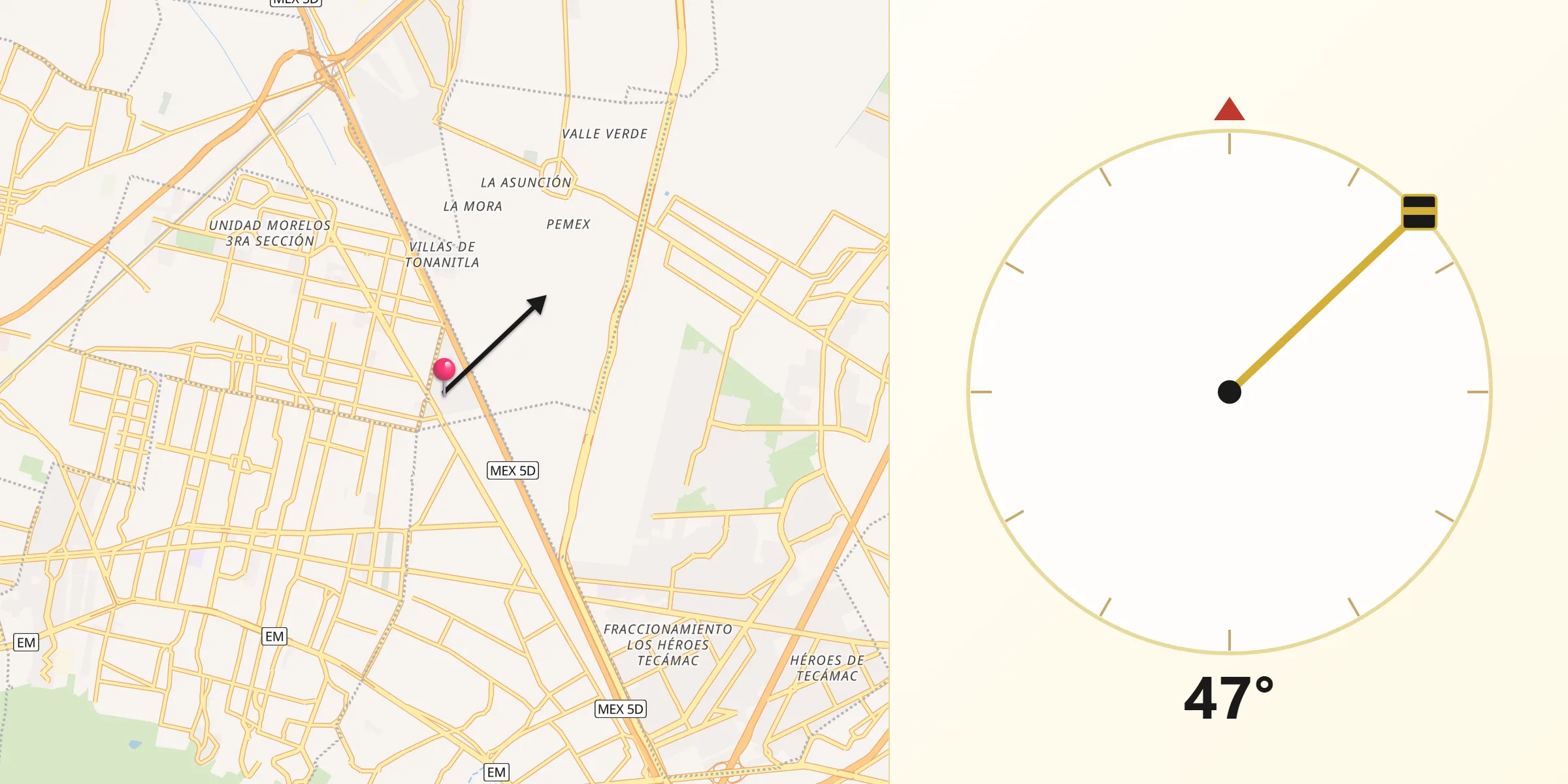 Dirección de la Qibla desde Alborada Jaltenco