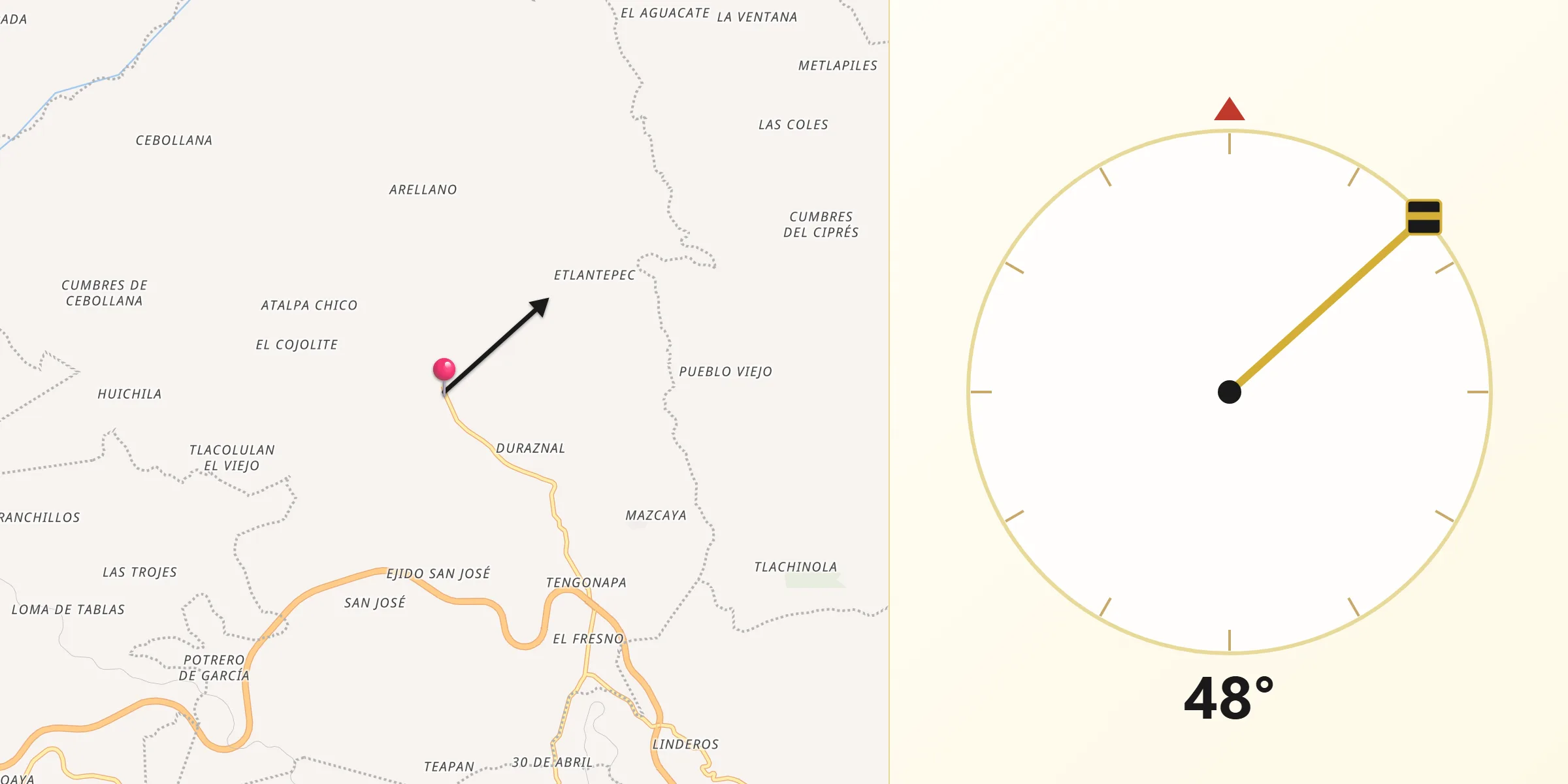 Dirección de la Qibla desde Tlacolulan