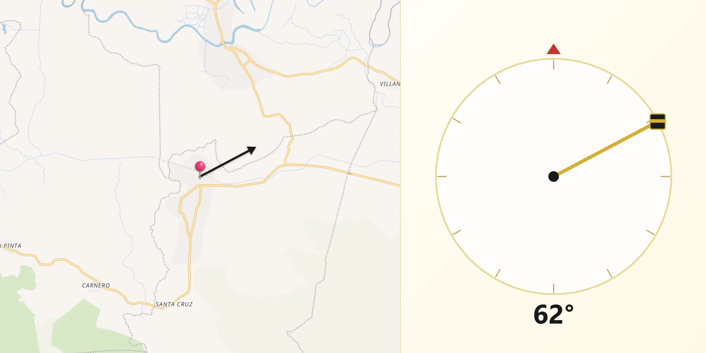 Dirección de la Qibla desde Las Matas de Santa Cruz