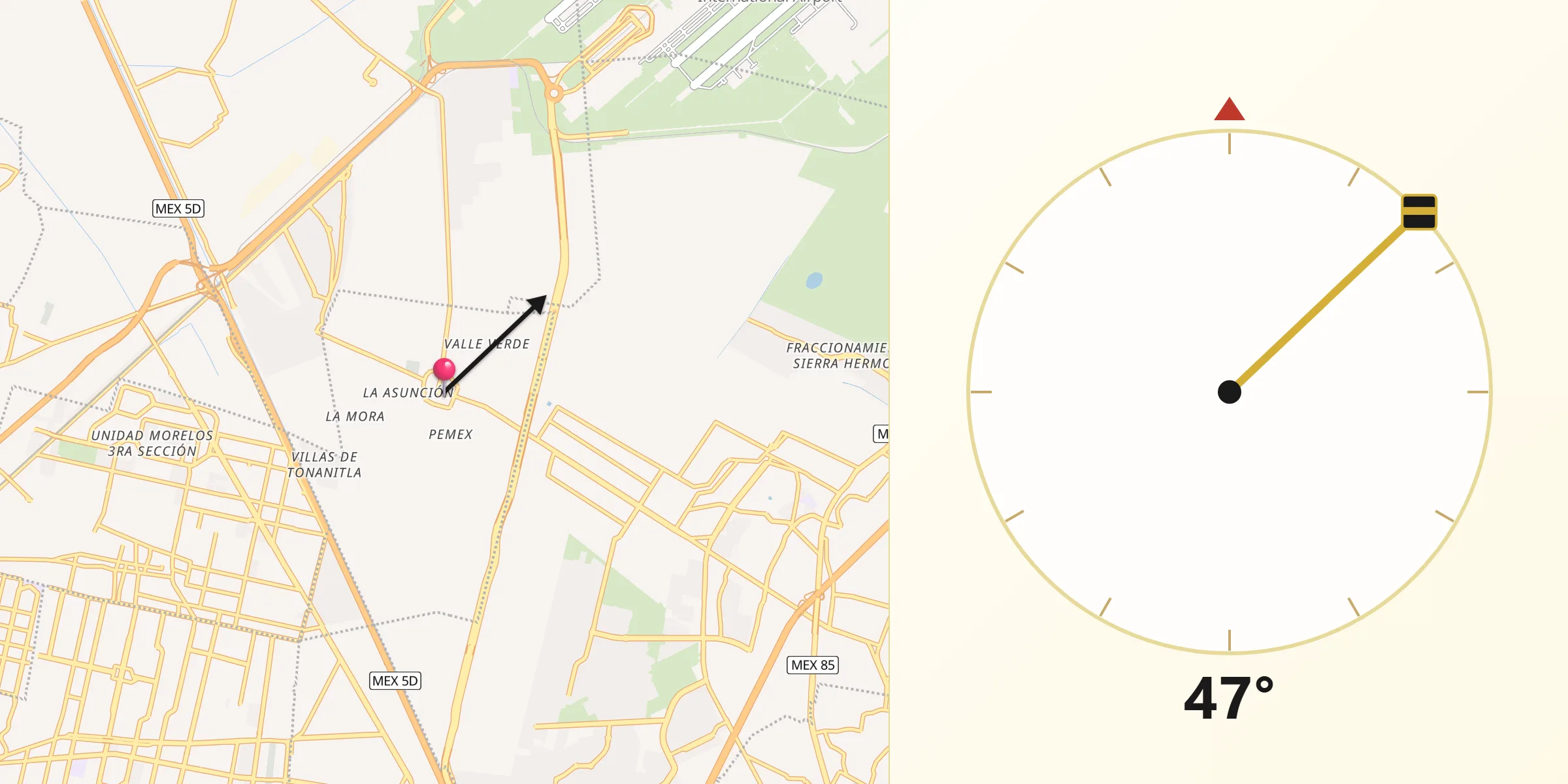 Dirección de la Qibla desde Tonanitla