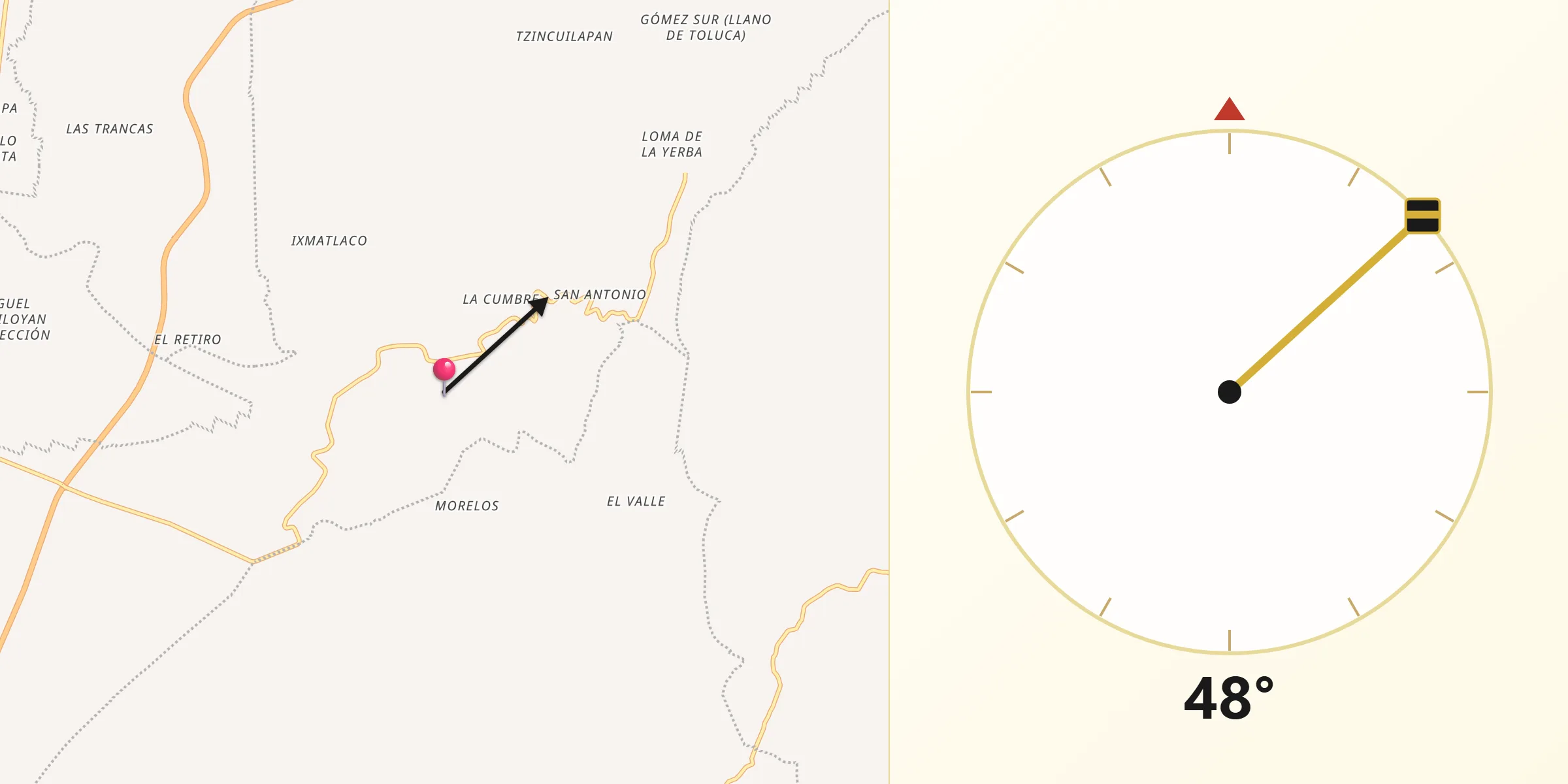 Dirección de la Qibla desde Oyameles de Hidalgo