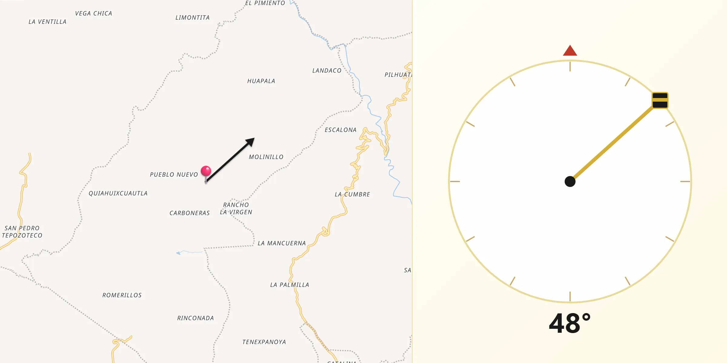 Dirección de la Qibla desde Las Minas