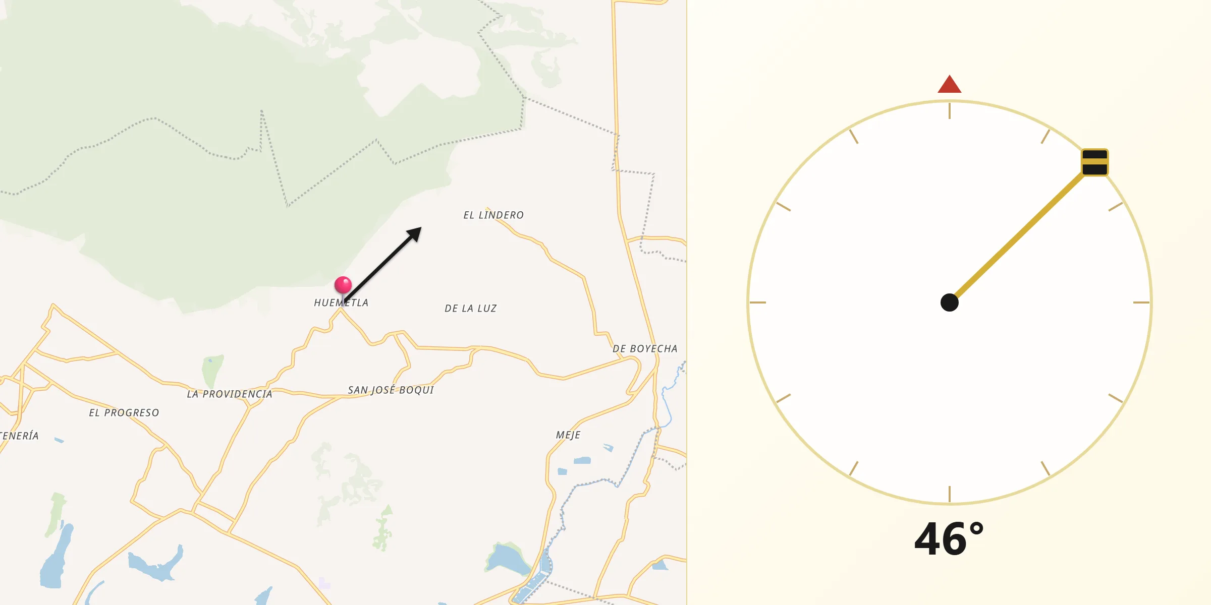 Dirección de la Qibla desde Huemetla