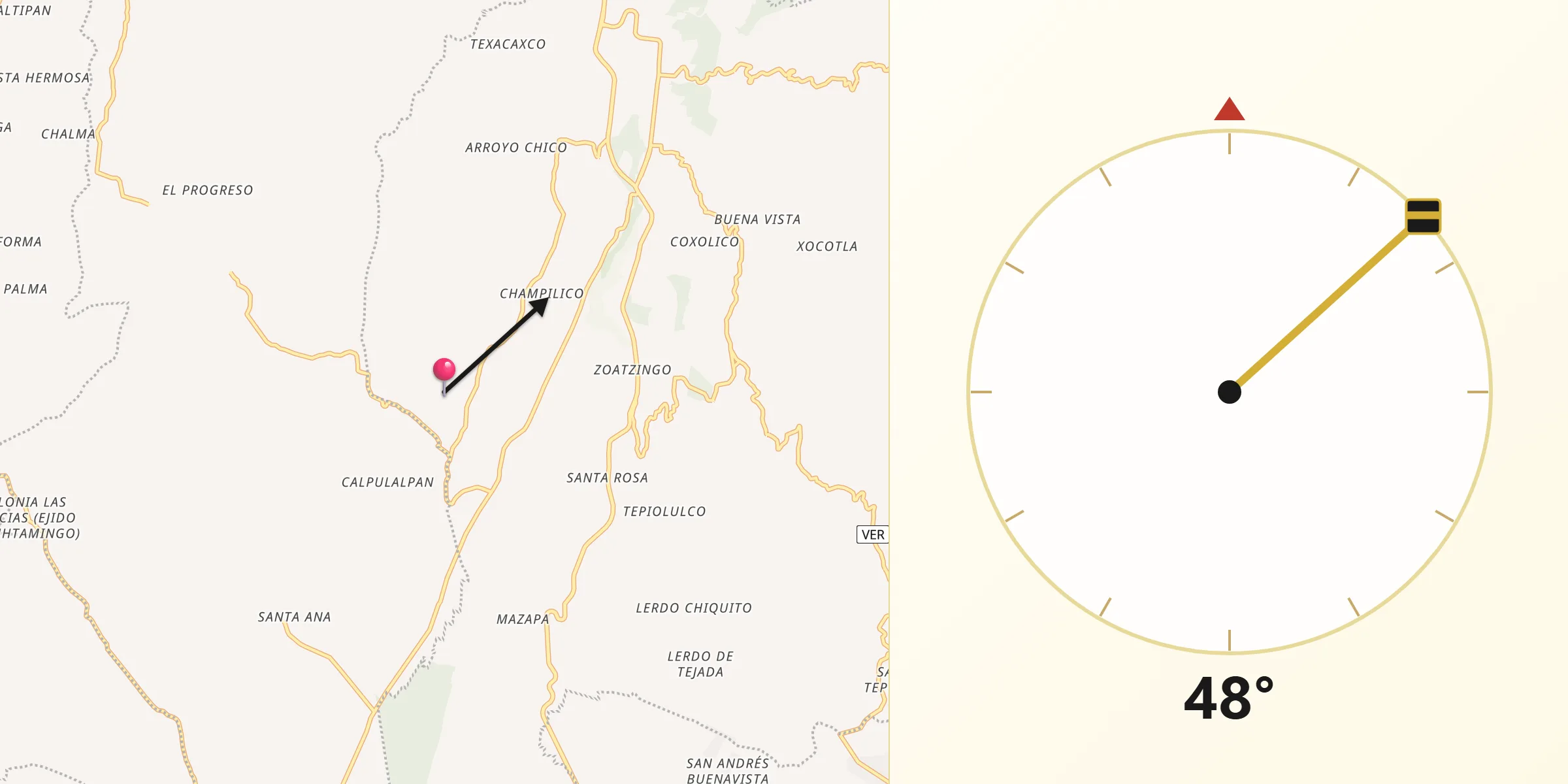Dirección de la Qibla desde Veintiuno de Agosto