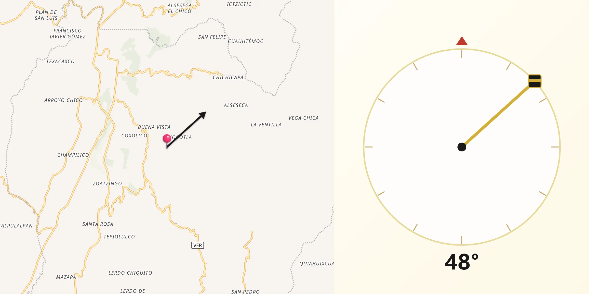 Dirección de la Qibla desde San Miguel Tlalpoalán