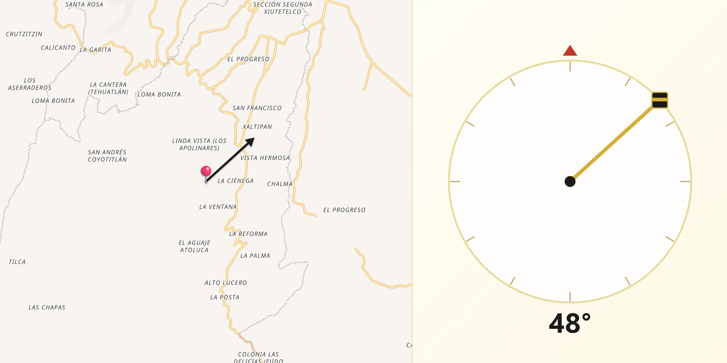 Dirección de la Qibla desde Xiutetelco