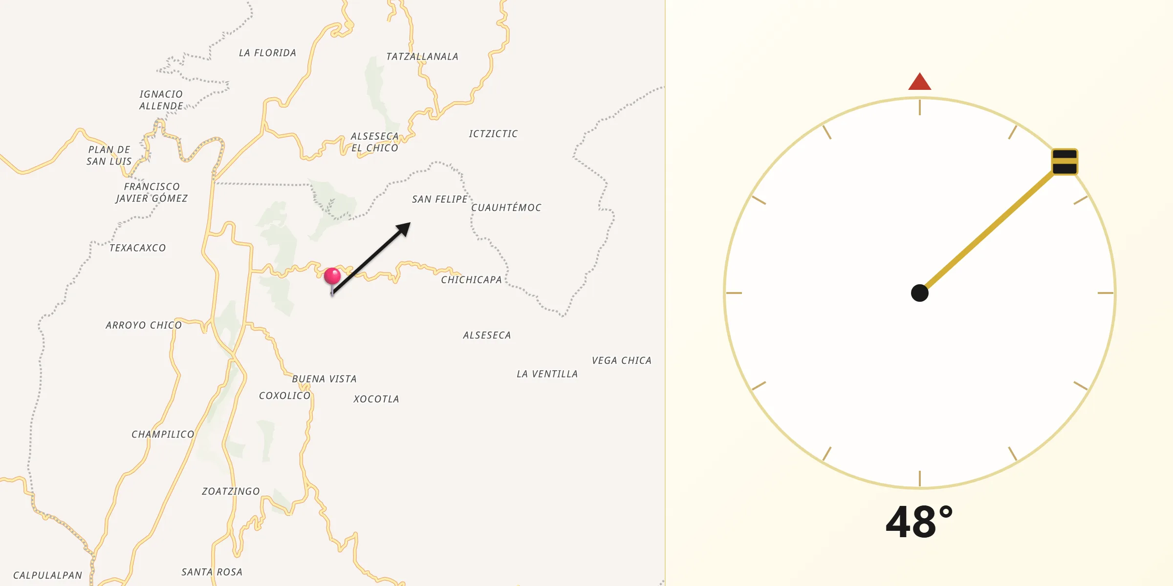 Dirección de la Qibla desde Xoampolco