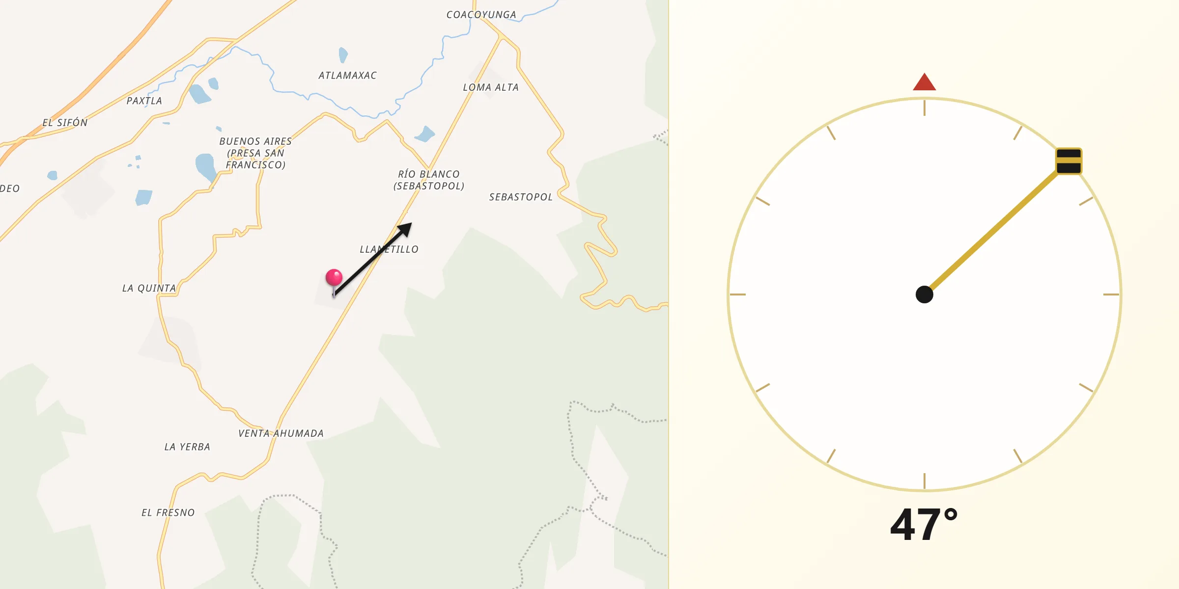 Dirección de la Qibla desde Matlahuacales Aquiles Serdán