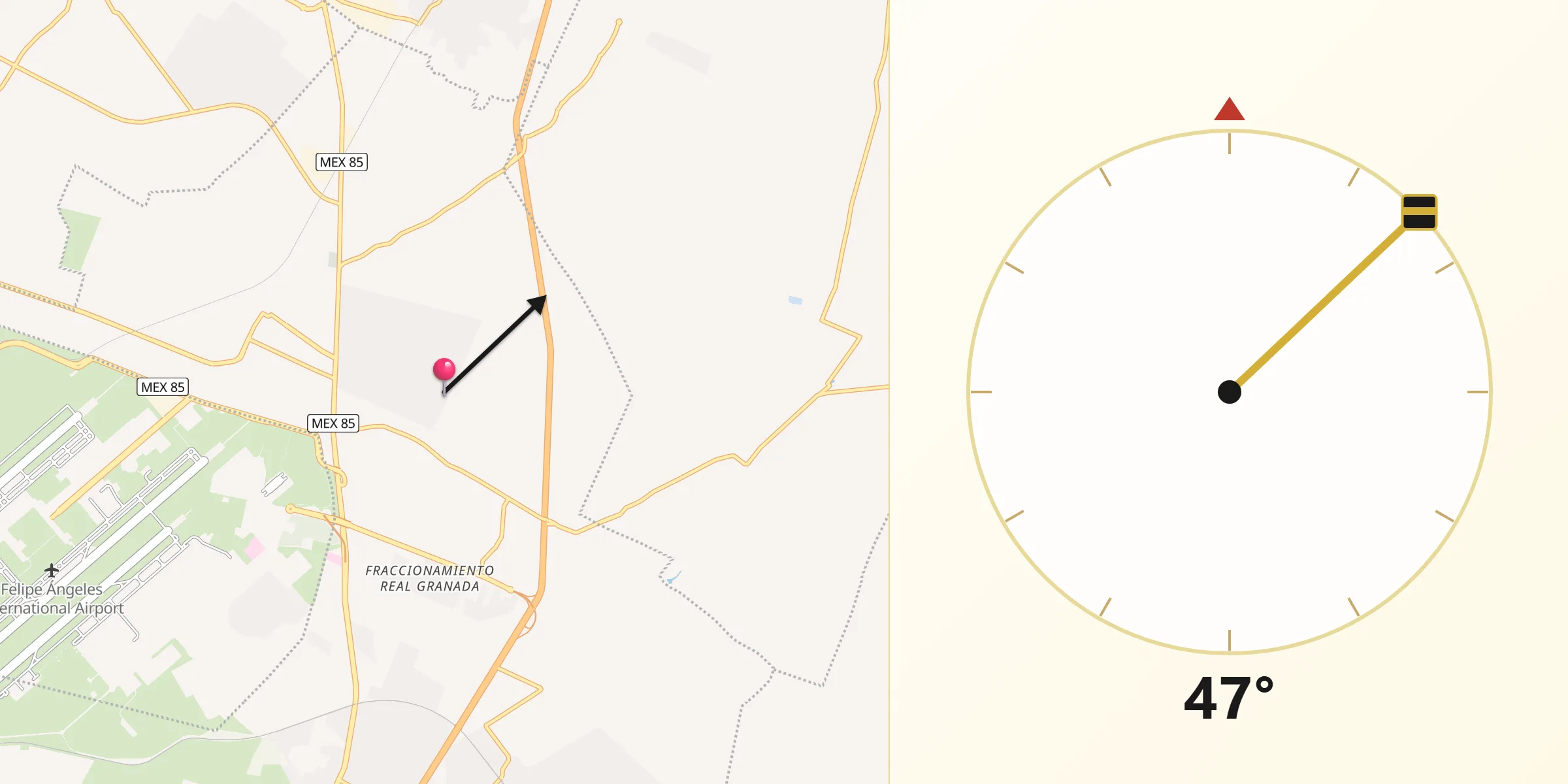 Dirección de la Qibla desde Santa María Ajoloapan