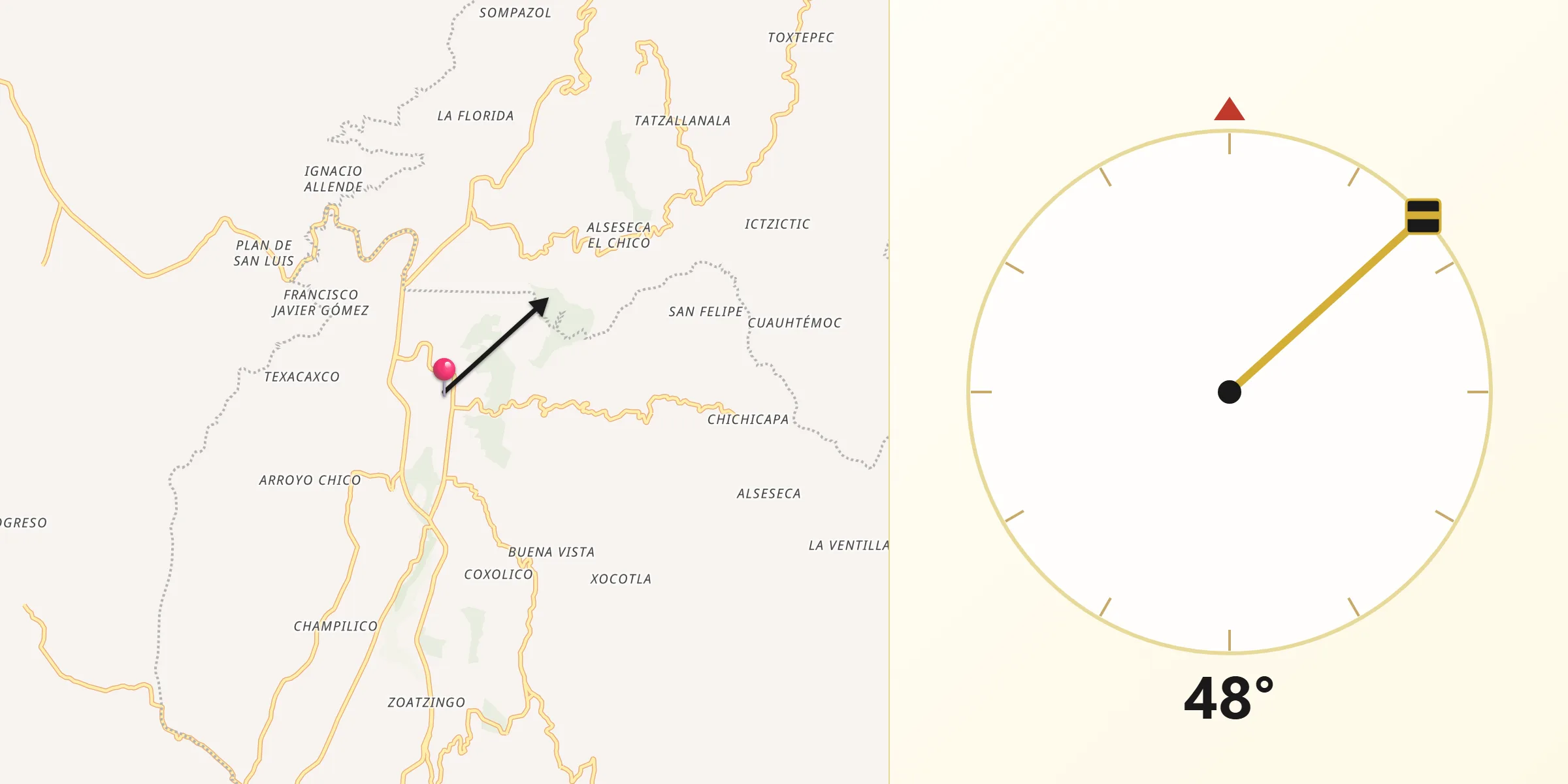 Dirección de la Qibla desde Altotonga