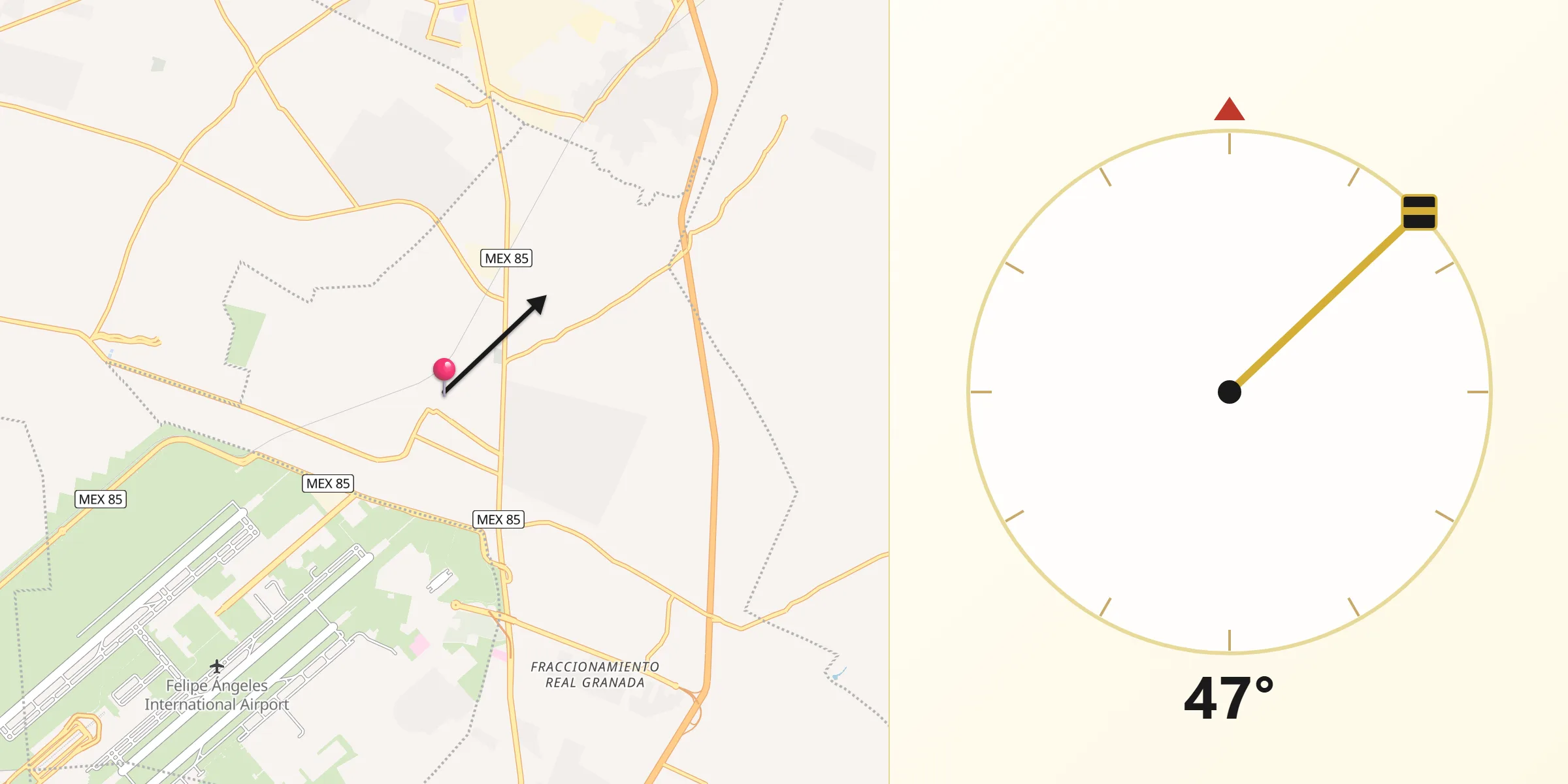 Dirección de la Qibla desde Reyes Acozac
