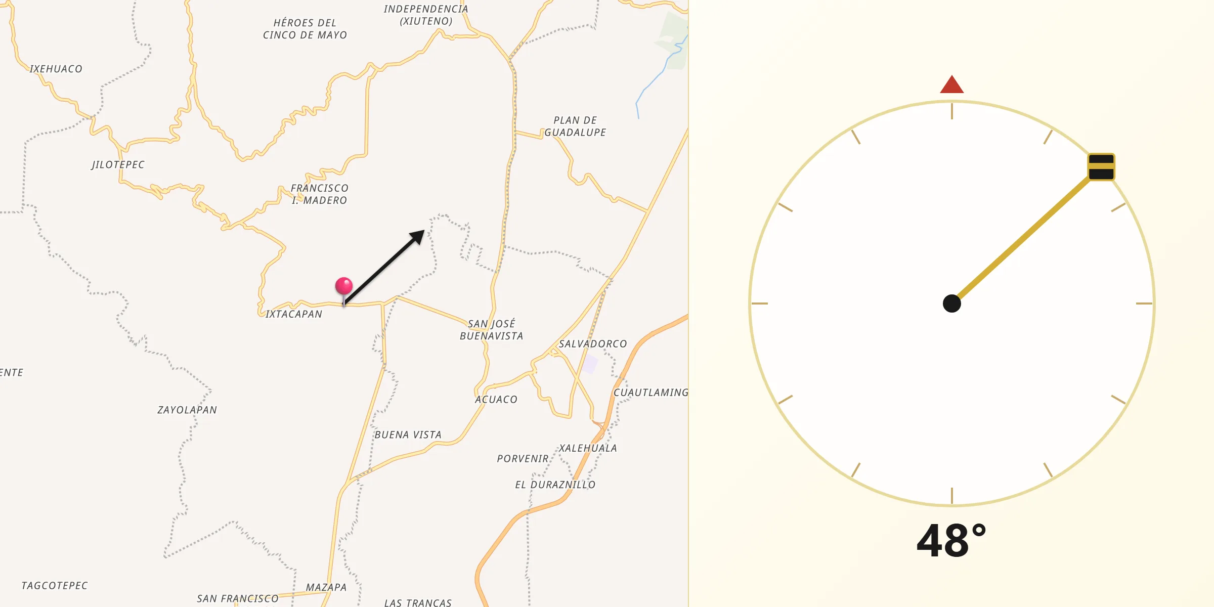 Dirección de la Qibla desde Texocoyohuac