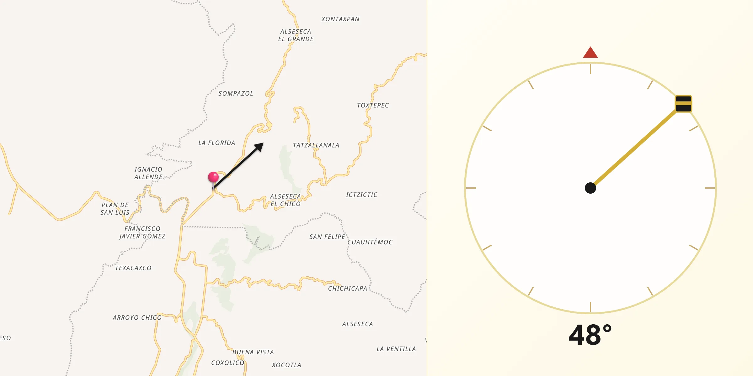 Dirección de la Qibla desde Atzalan
