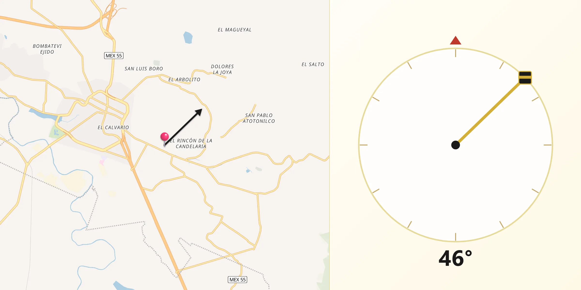 Dirección de la Qibla desde Tecoac (Santa María Nativitas)