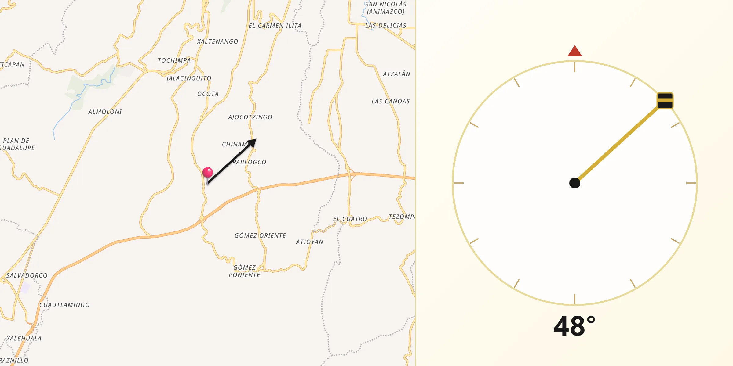 Dirección de la Qibla desde Tepeteno de Iturbide