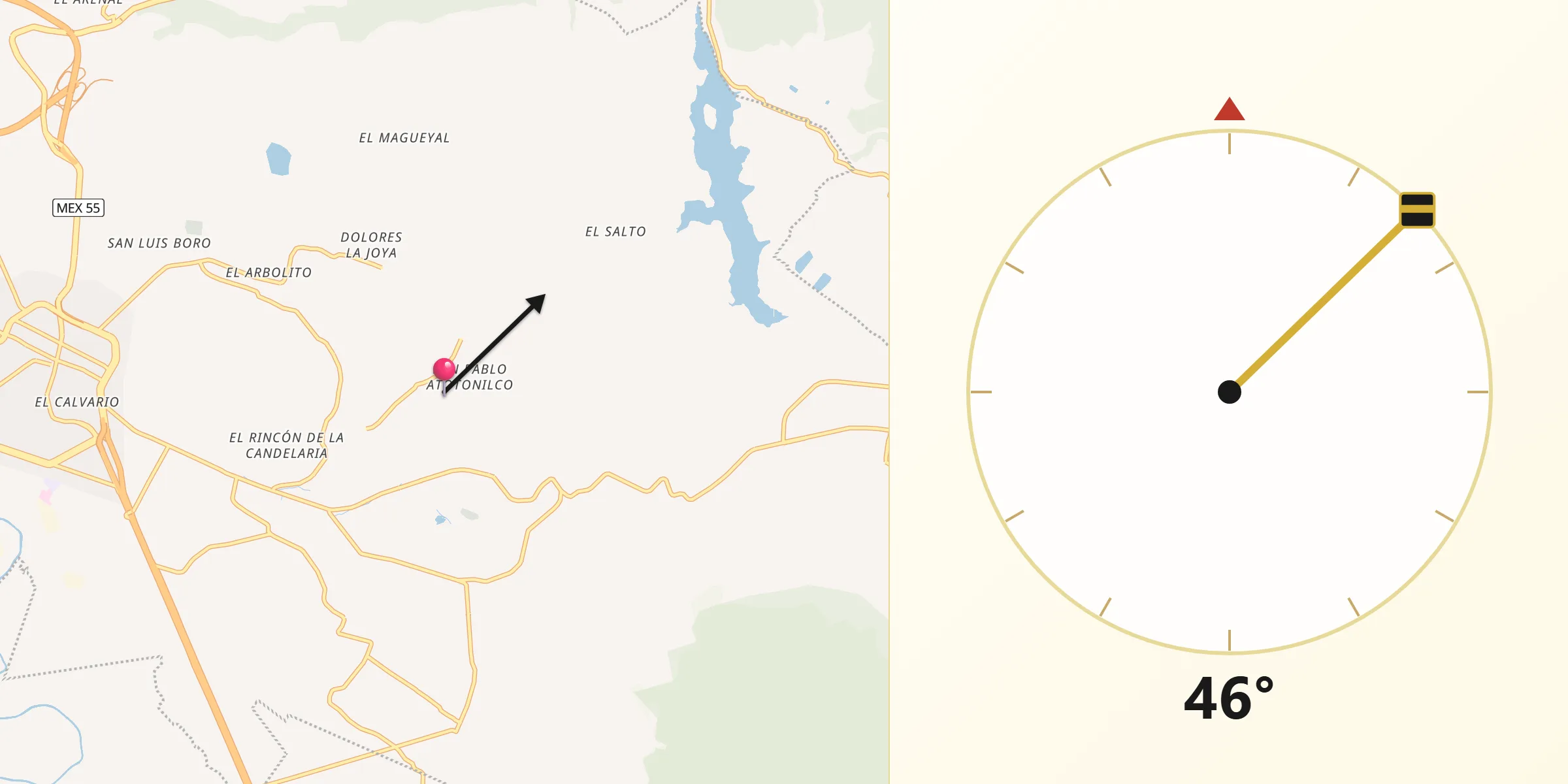 Dirección de la Qibla desde San Pablo Atotonilco