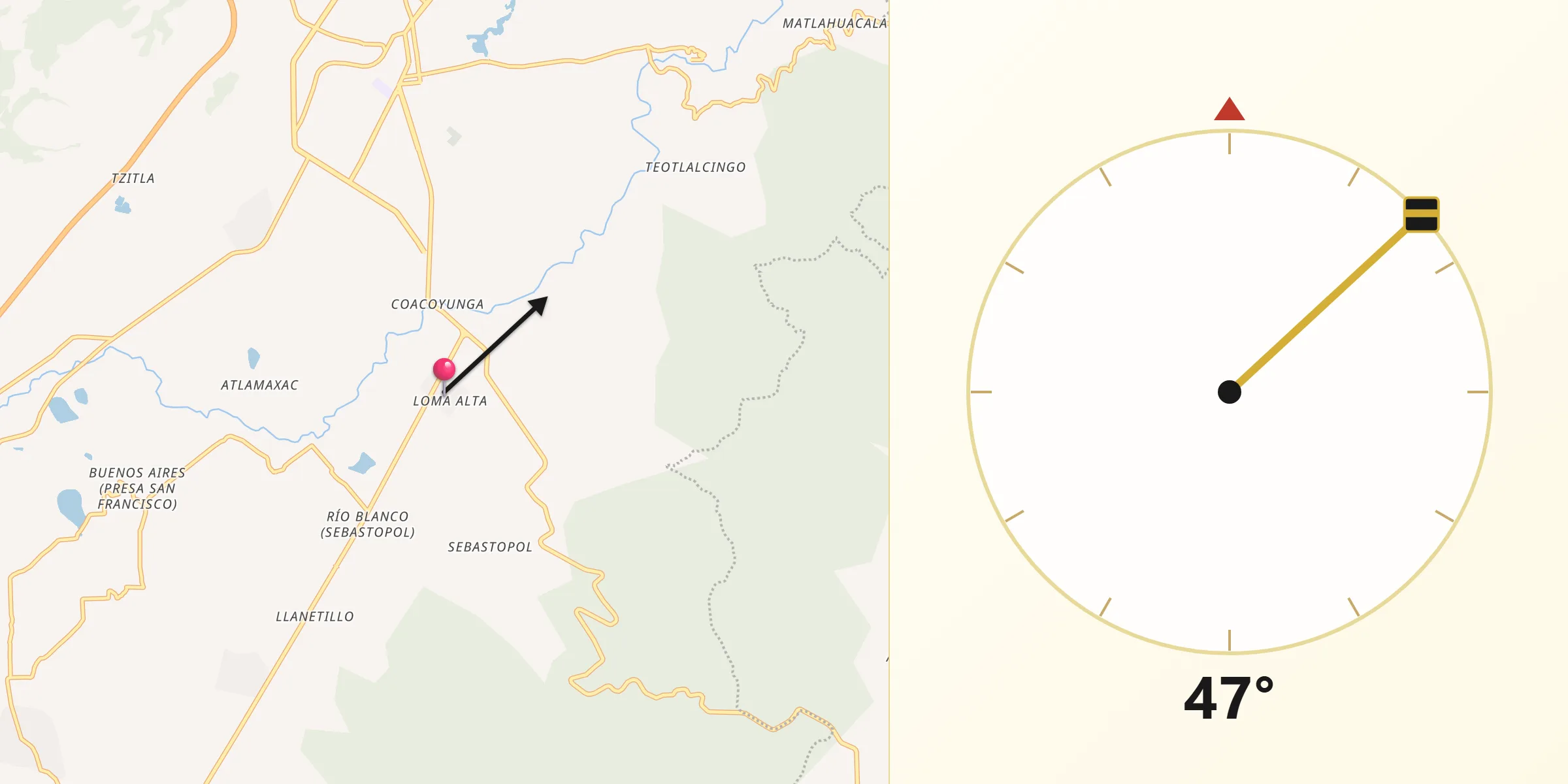 Dirección de la Qibla desde Loma Alta