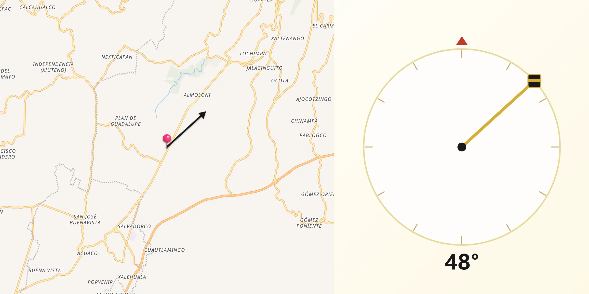 Dirección de la Qibla desde Ocotlán de Betancourt