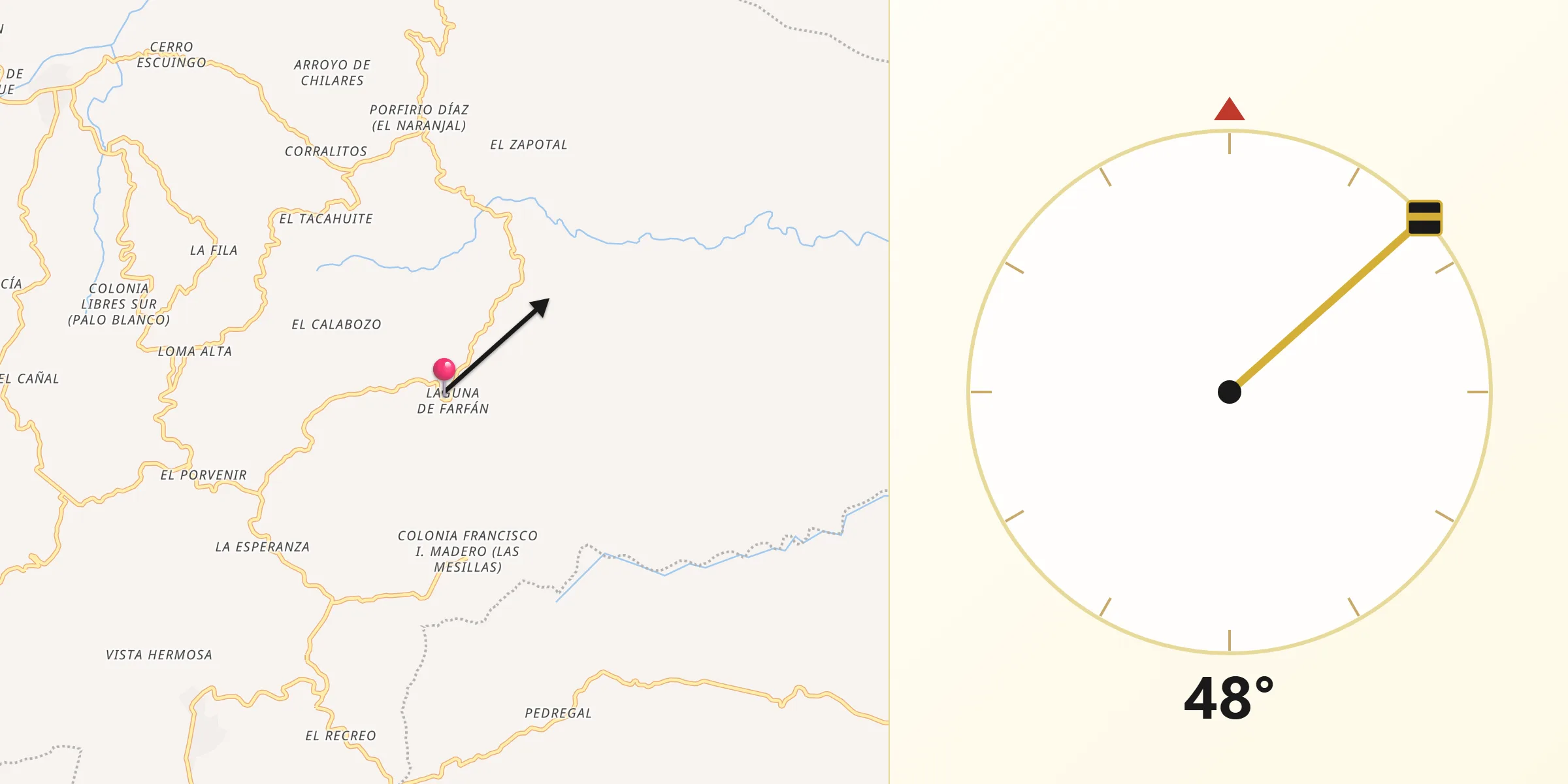 Dirección de la Qibla desde Laguna de Farfán