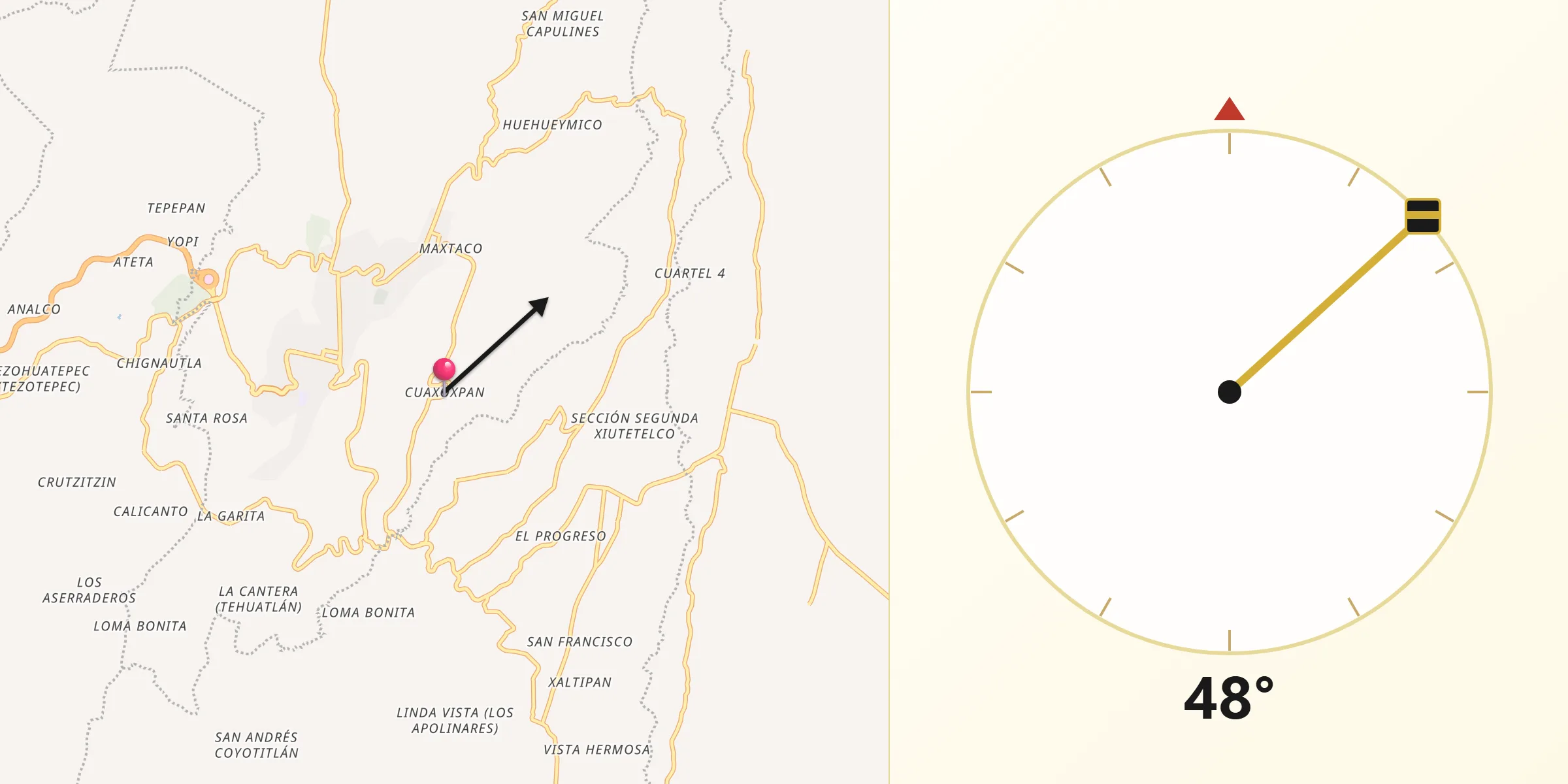 Dirección de la Qibla desde Cuaxoxpan