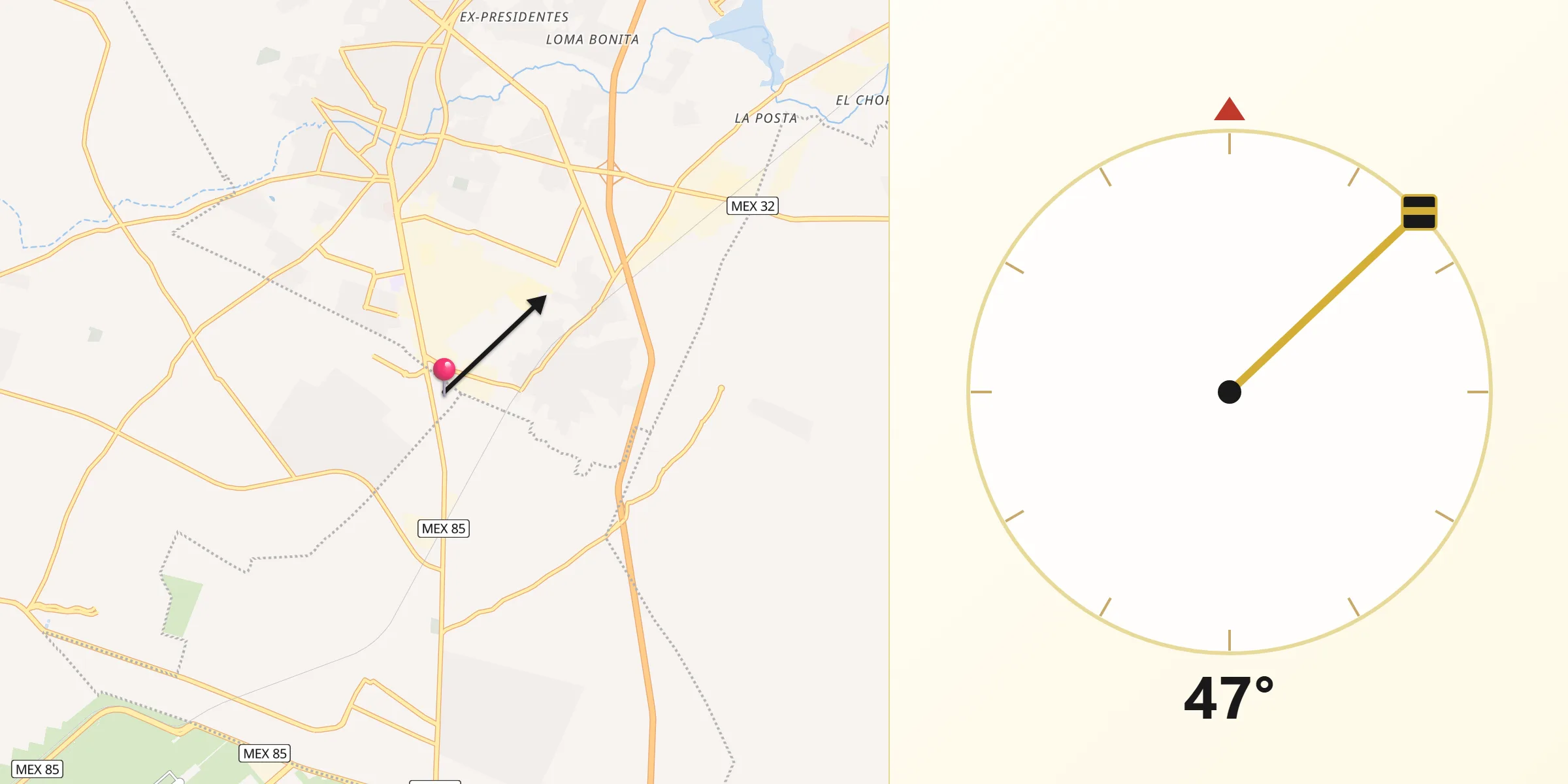 Dirección de la Qibla desde Ex-Hacienda de Guadalupe