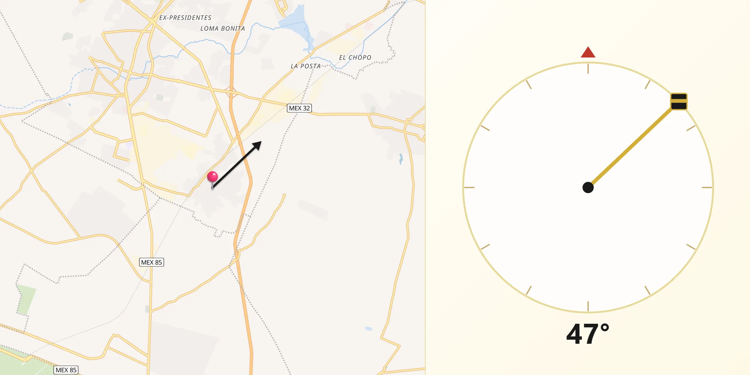 Dirección de la Qibla desde Huitzila
