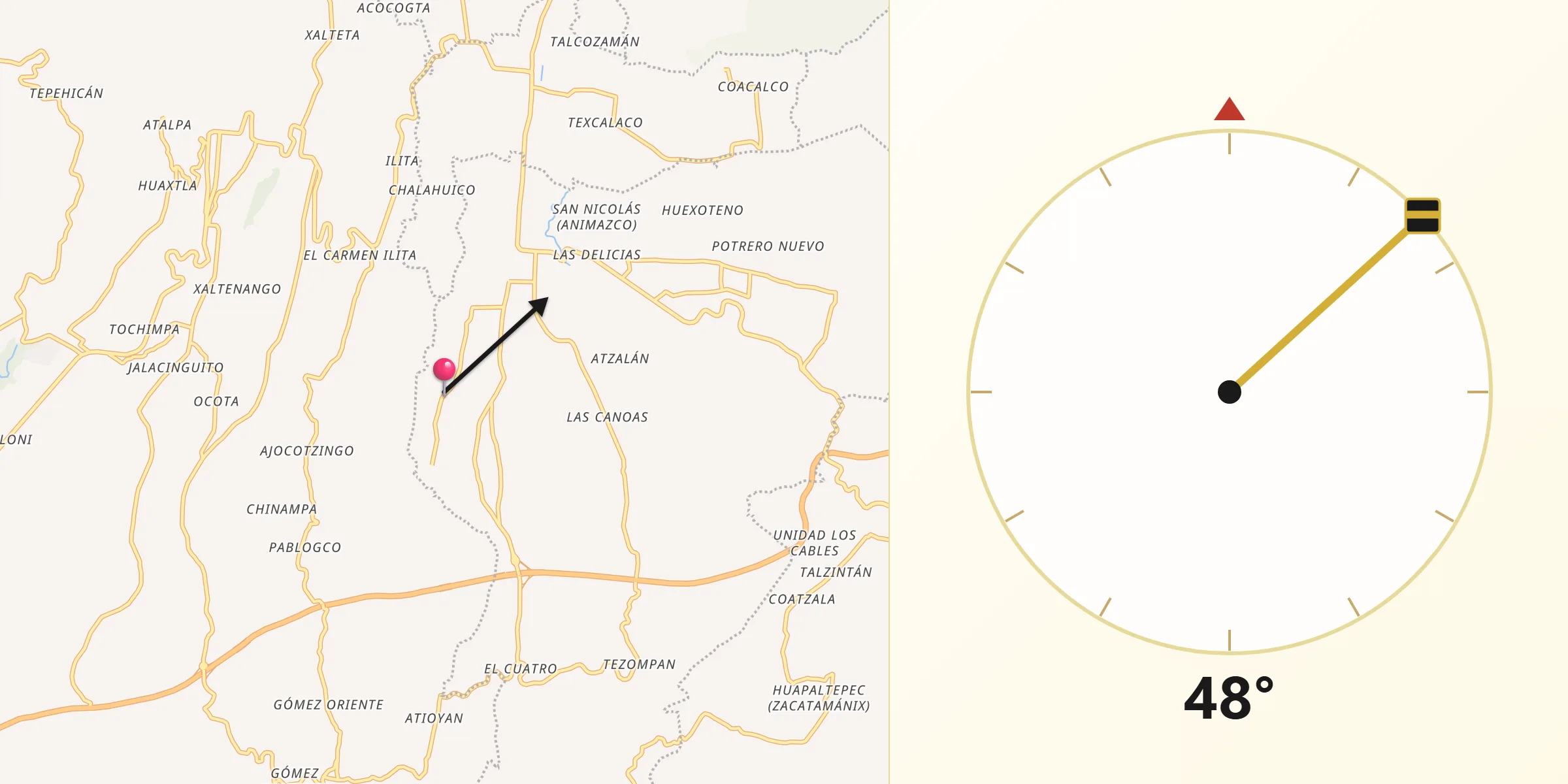 Dirección de la Qibla desde Tanhuixco