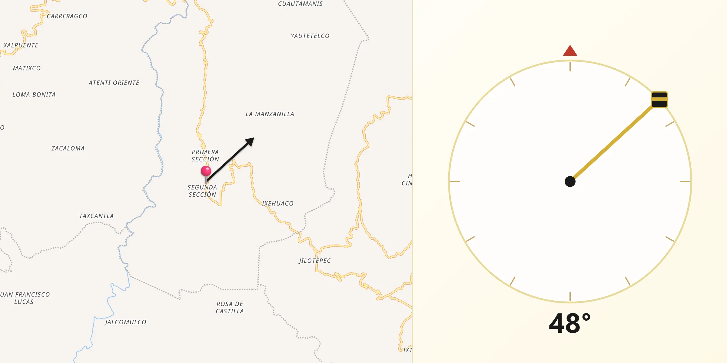 Dirección de la Qibla desde Xochiapulco