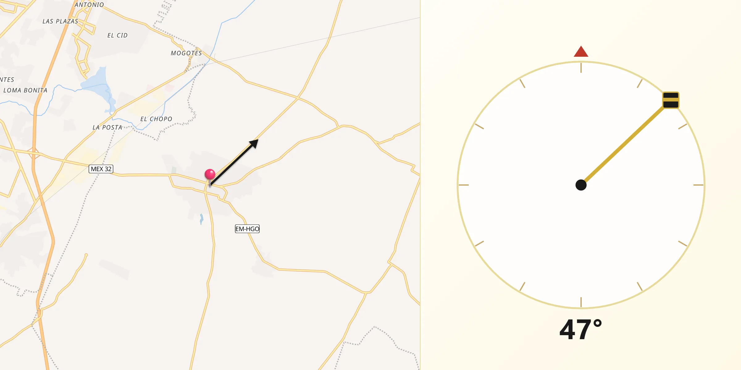 Dirección de la Qibla desde Temascalapa
