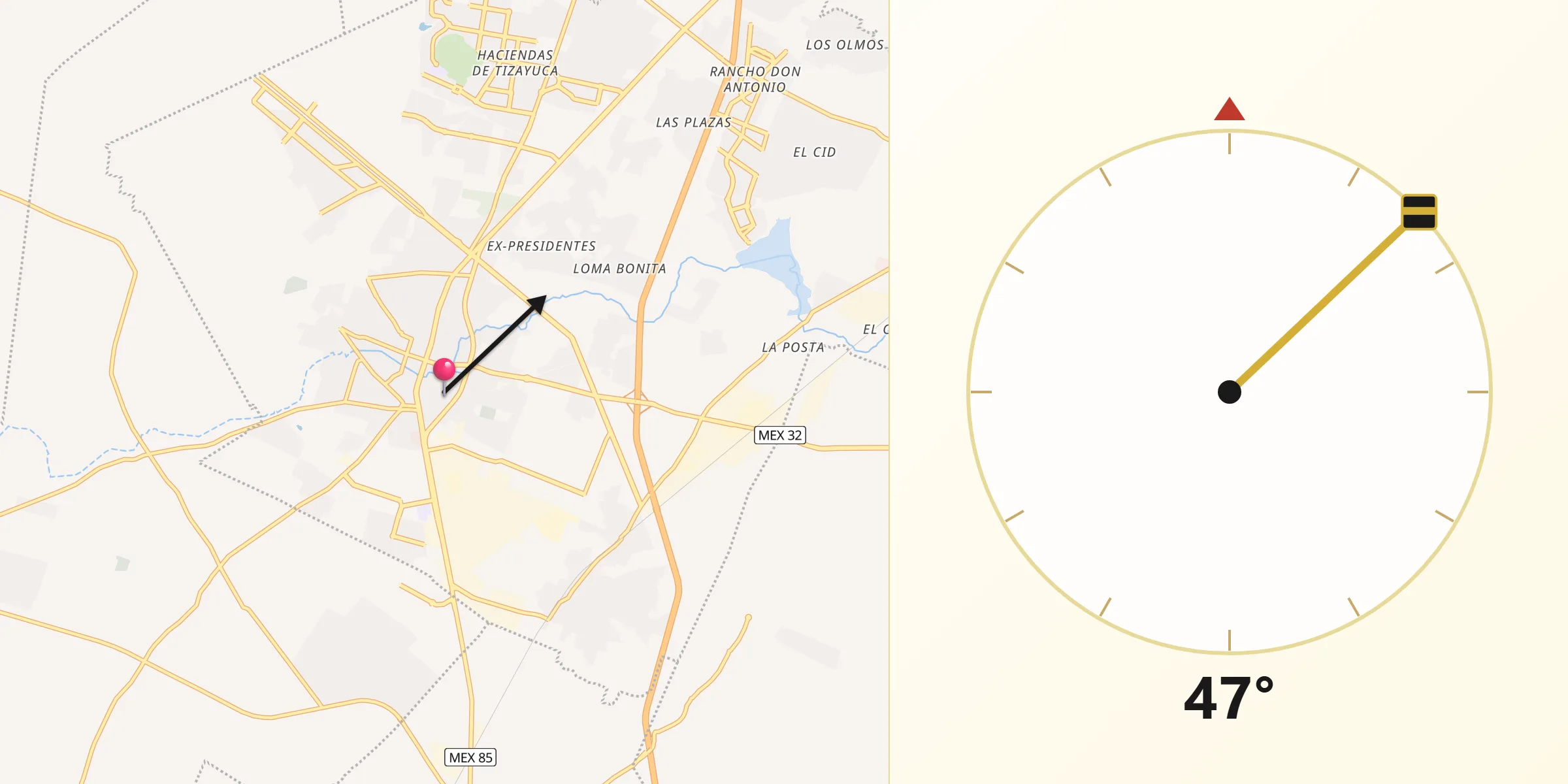 Dirección de la Qibla desde Tizayuca