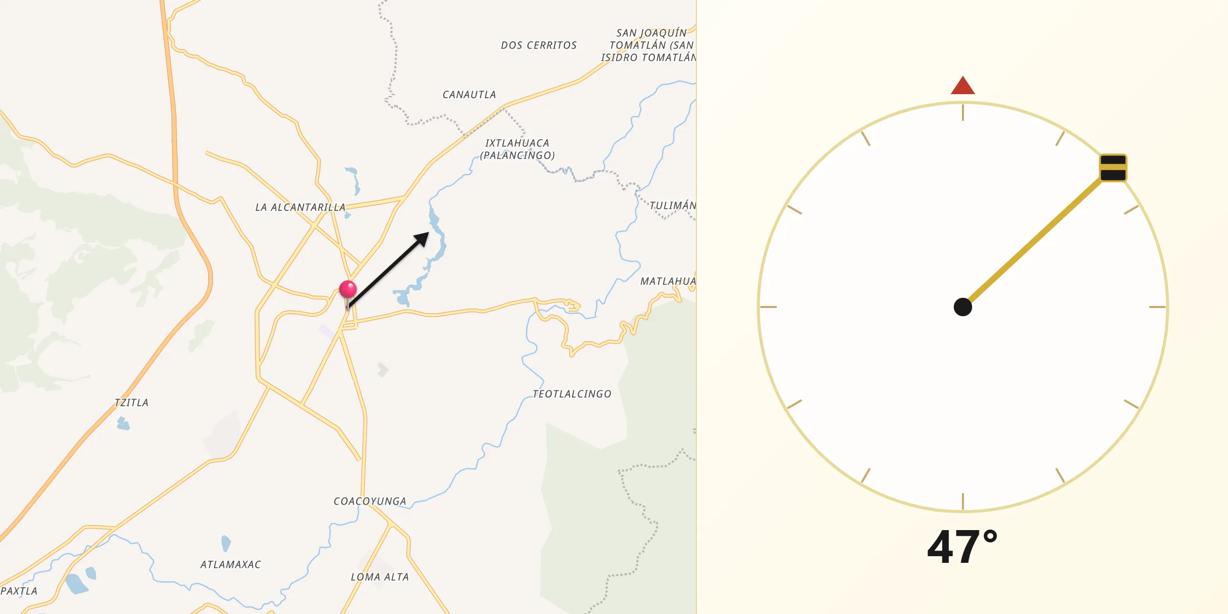 Dirección de la Qibla desde Chignahuapan