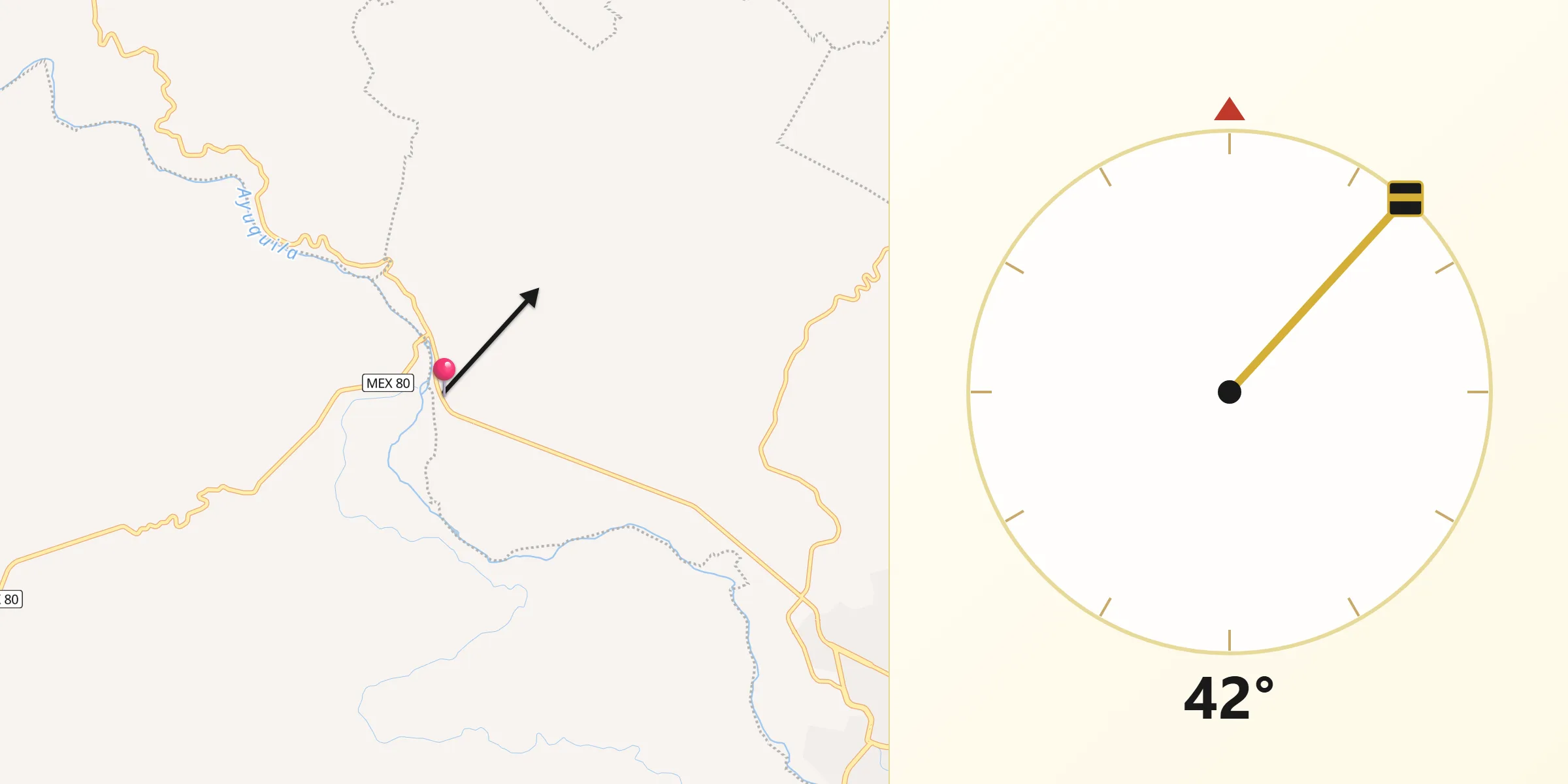Dirección de la Qibla desde El Cacalote