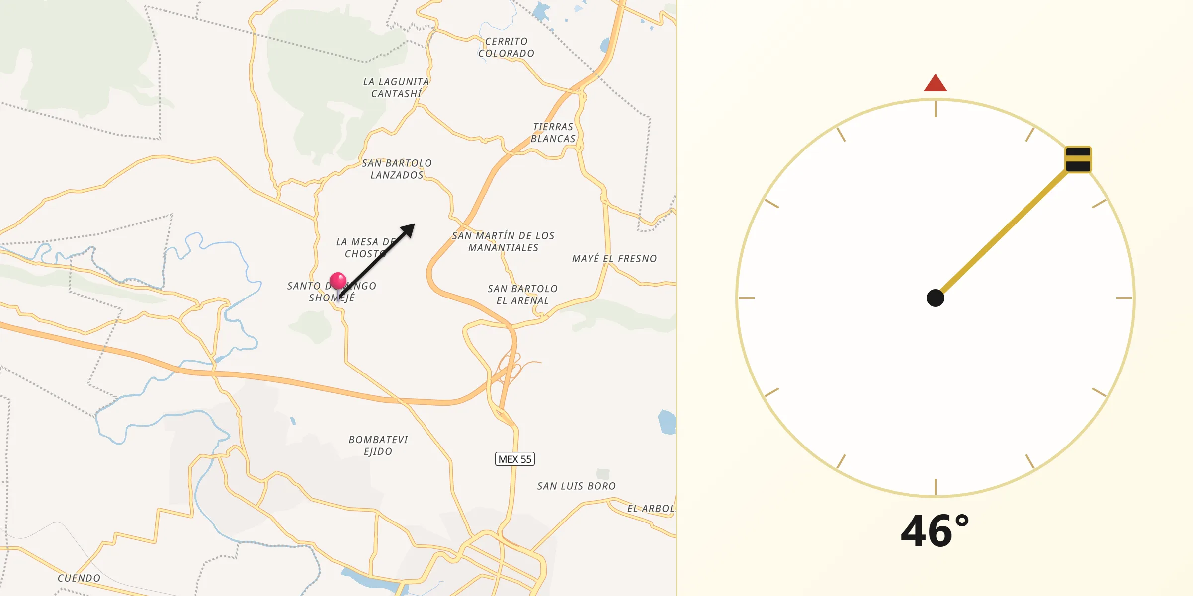 Dirección de la Qibla desde Santo Domingo Shomege (Shomege)