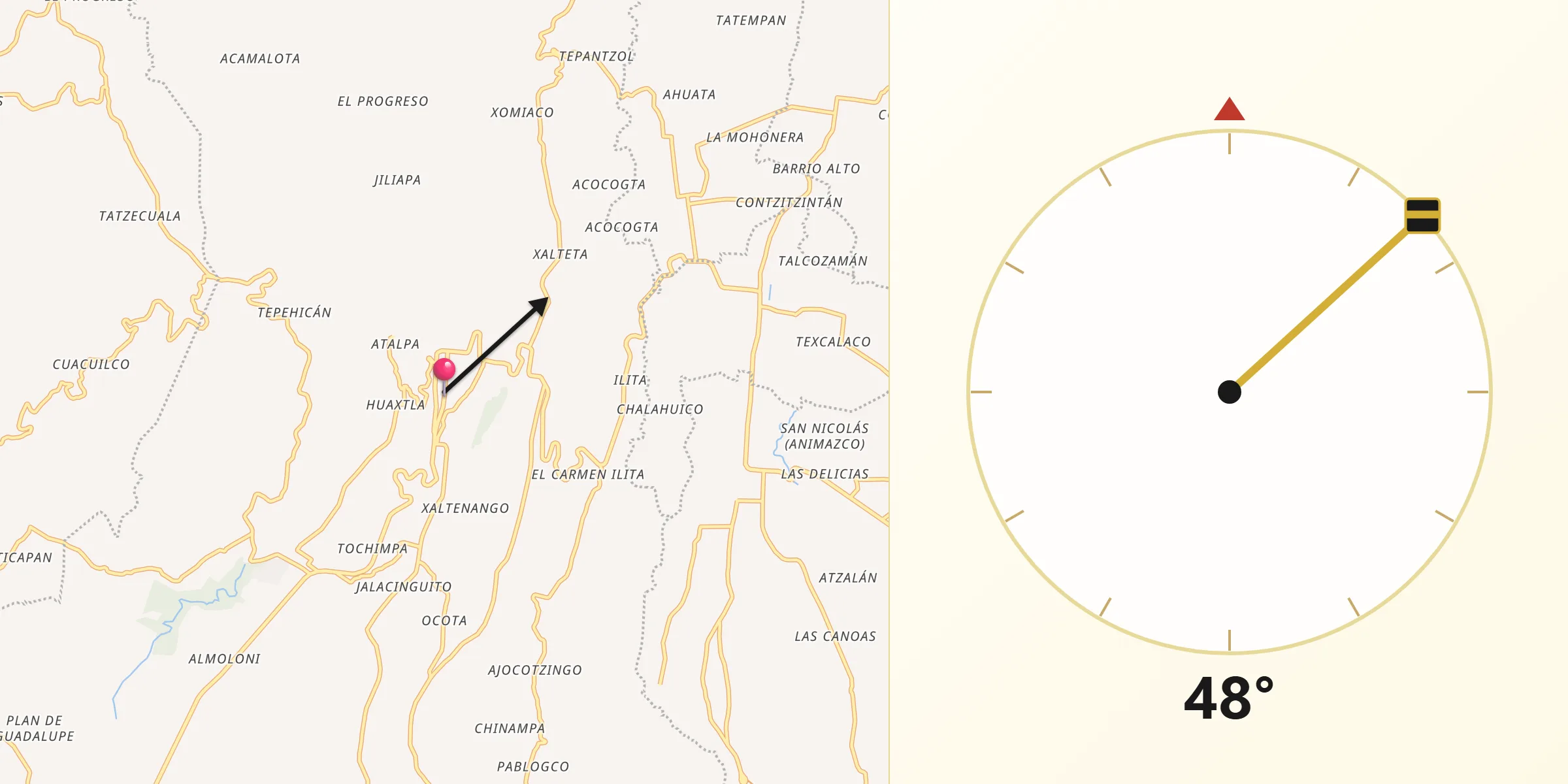 Dirección de la Qibla desde Tlatlauquitepec