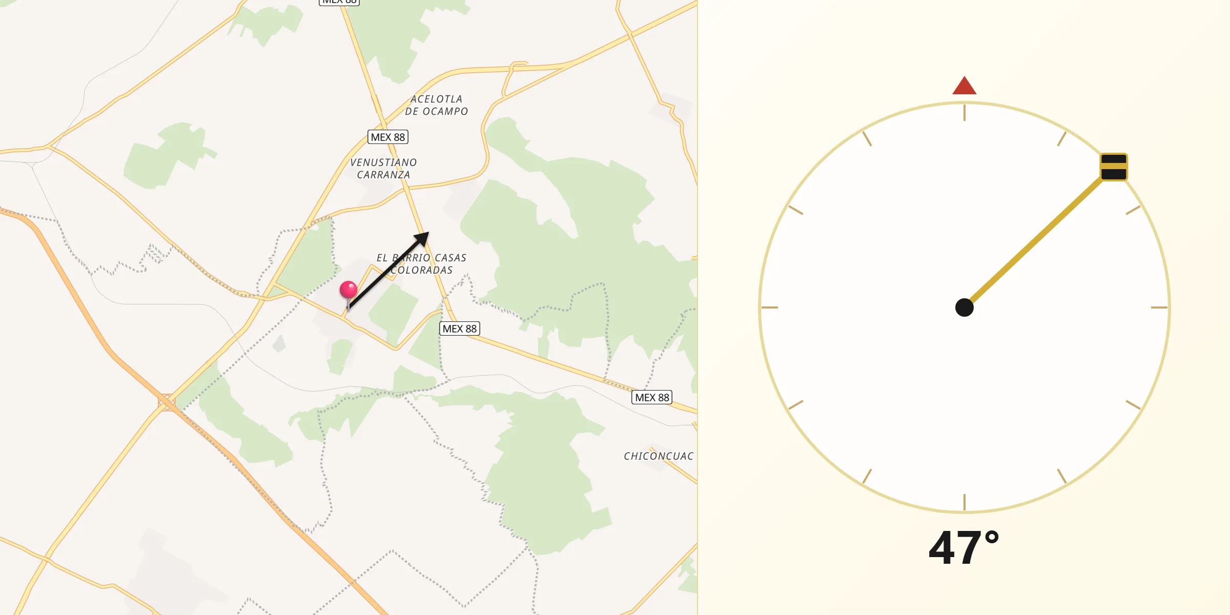 Dirección de la Qibla desde Santiago Tepeyahualco