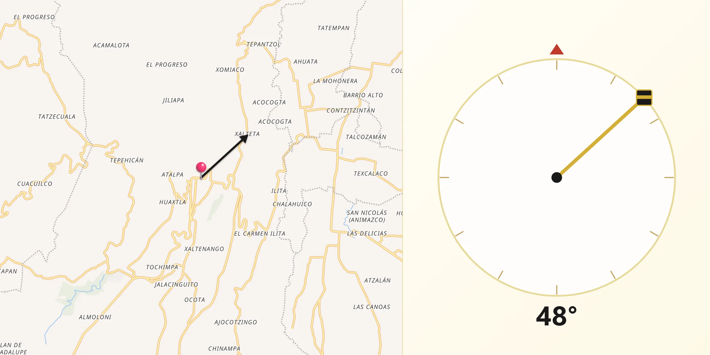 Dirección de la Qibla desde Ciudad de Tlatlauquitepec