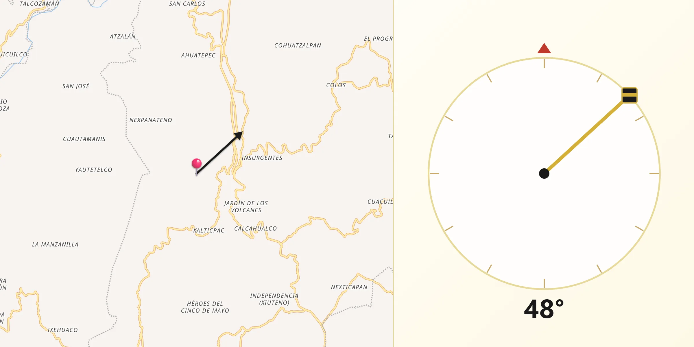 Dirección de la Qibla desde Comaltepec