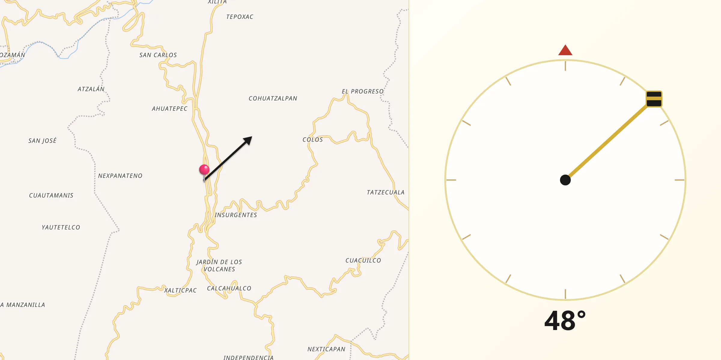 Dirección de la Qibla desde Zacapoaxtla