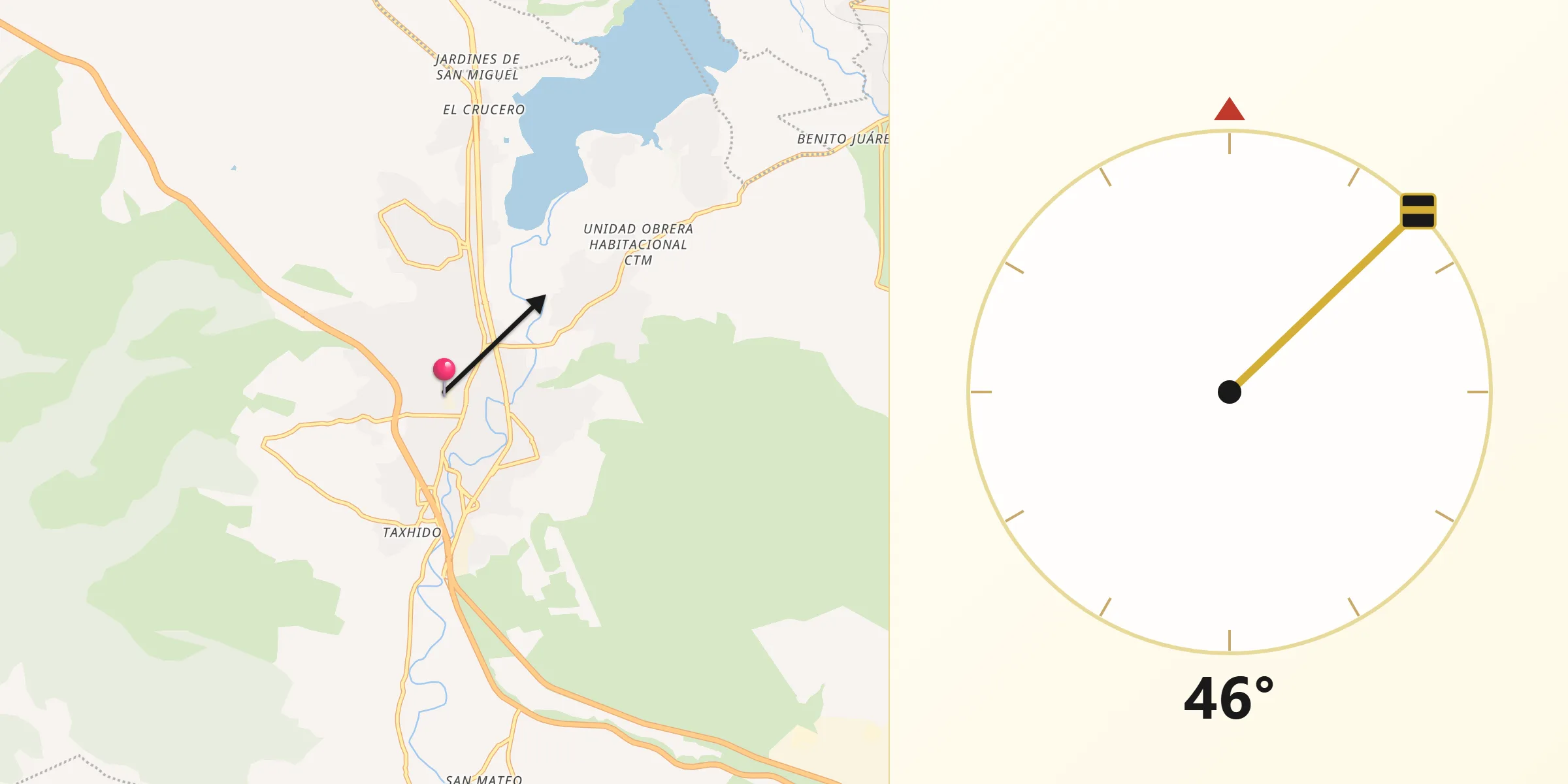 Dirección de la Qibla desde Tepeji del Rio de Ocampo