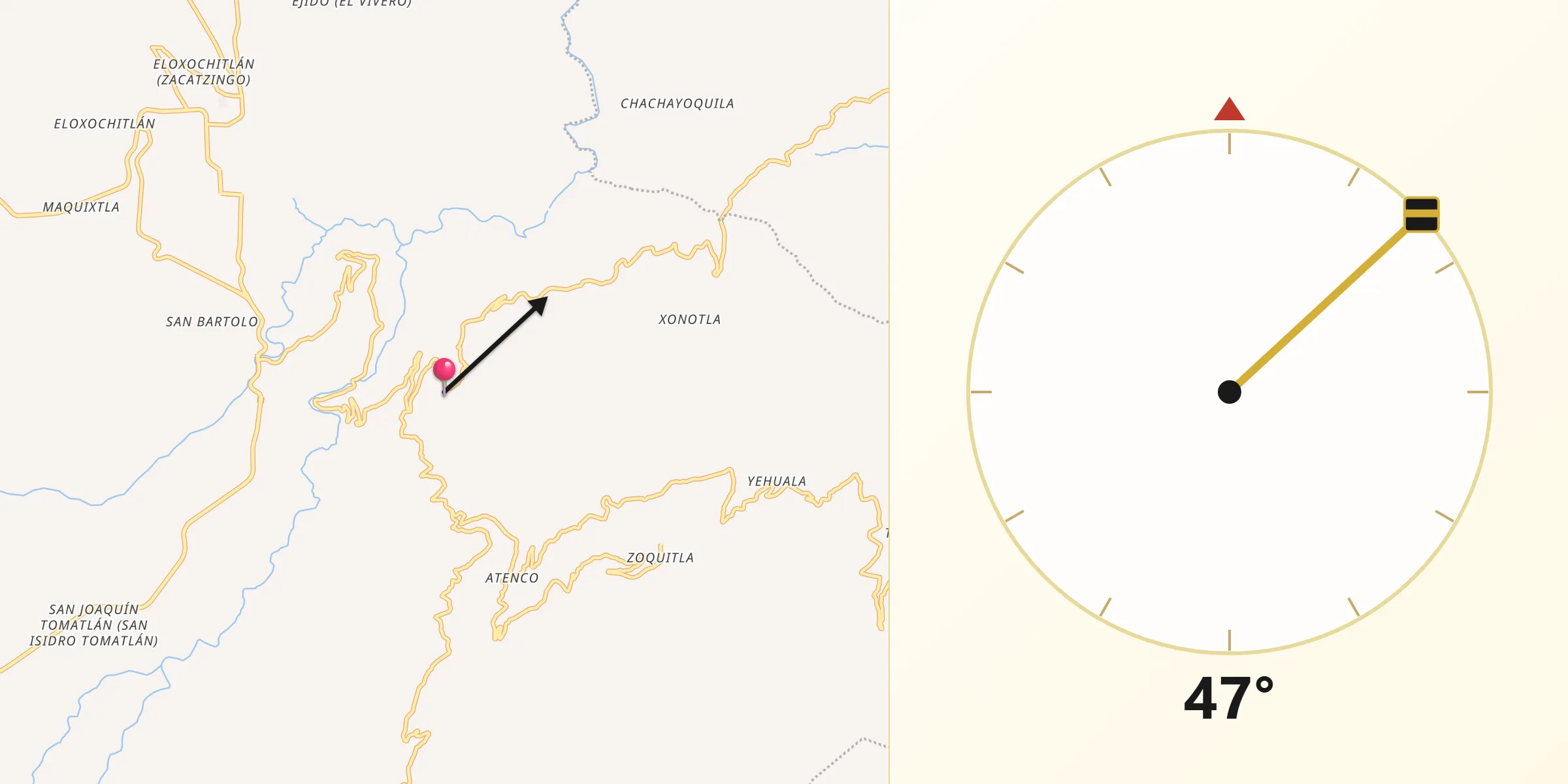Dirección de la Qibla desde San Miguel Tenango
