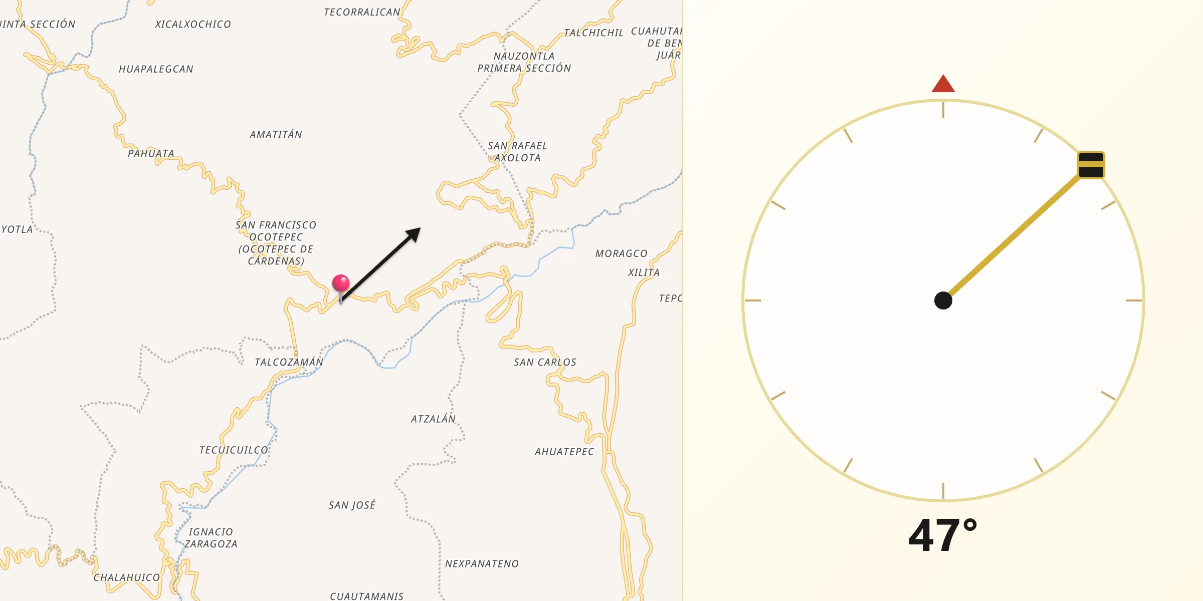 Dirección de la Qibla desde Huahuaxtla