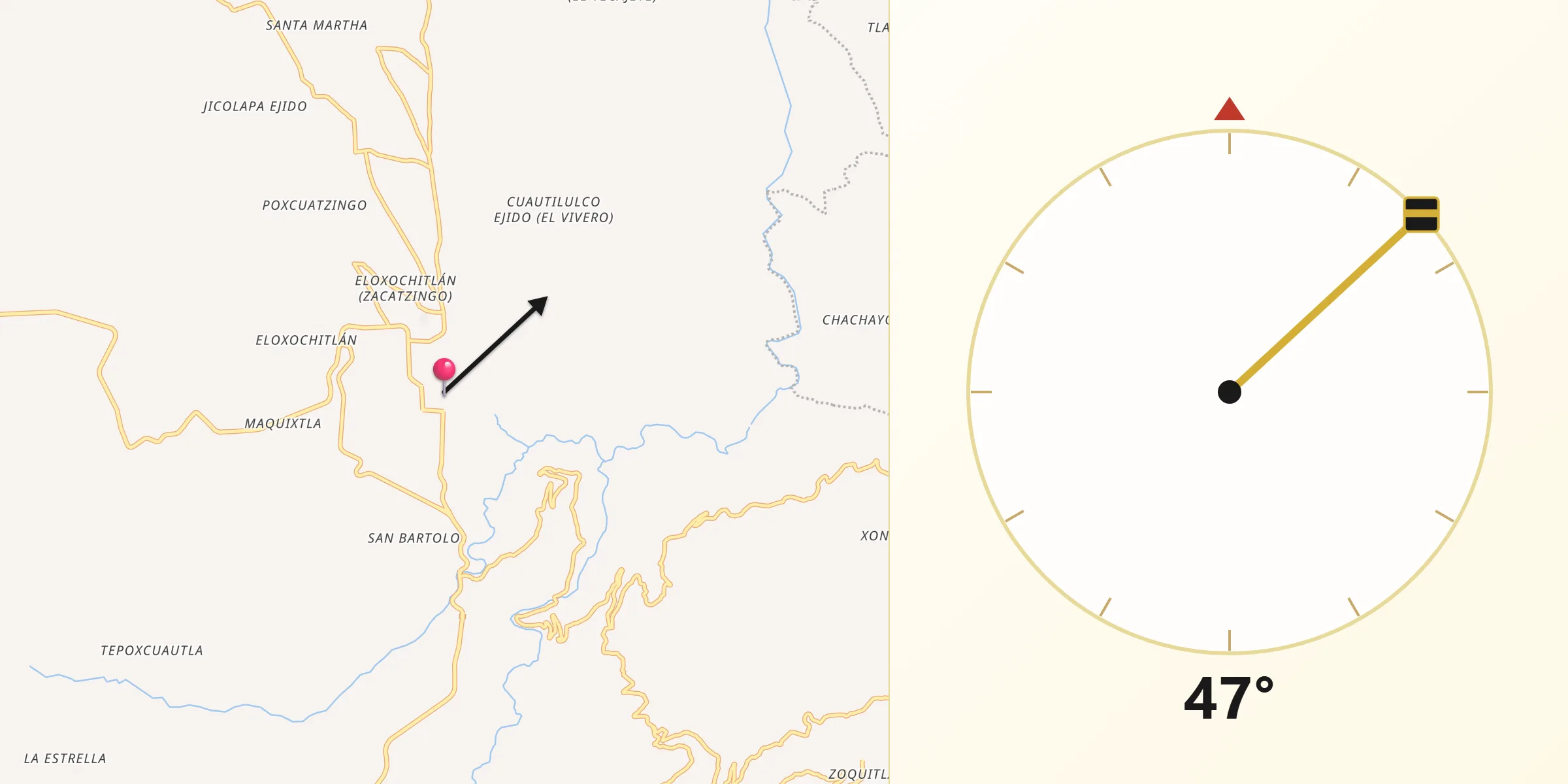 Dirección de la Qibla desde Ciudad de Zacatlán