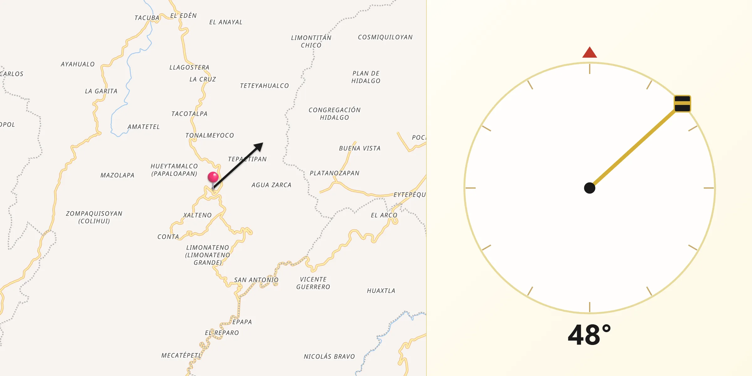 Dirección de la Qibla desde Hueytamalco