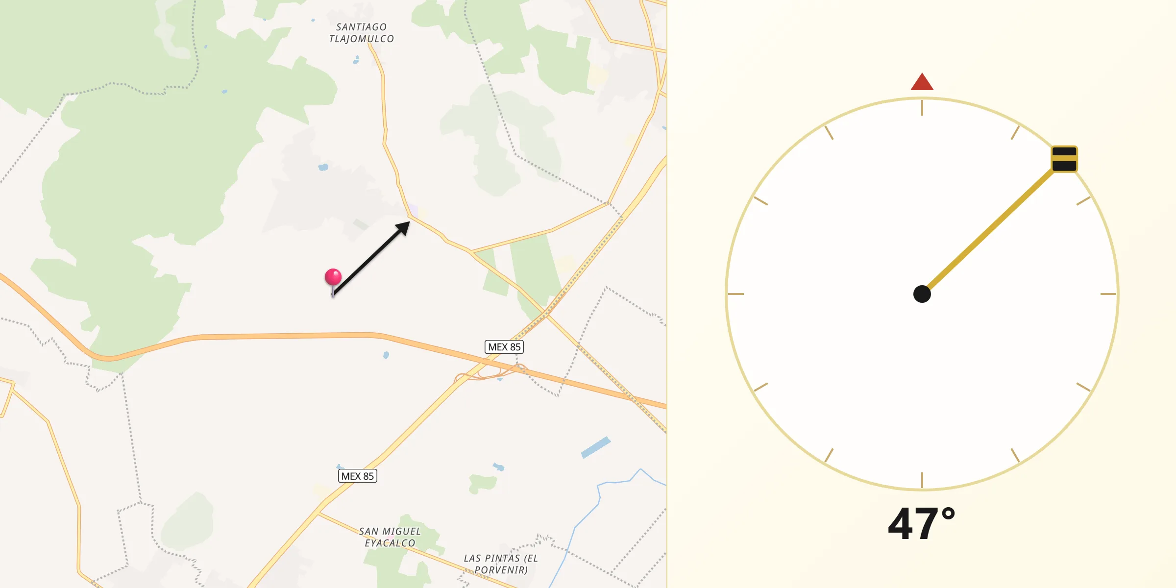 Dirección de la Qibla desde Tolcayuca