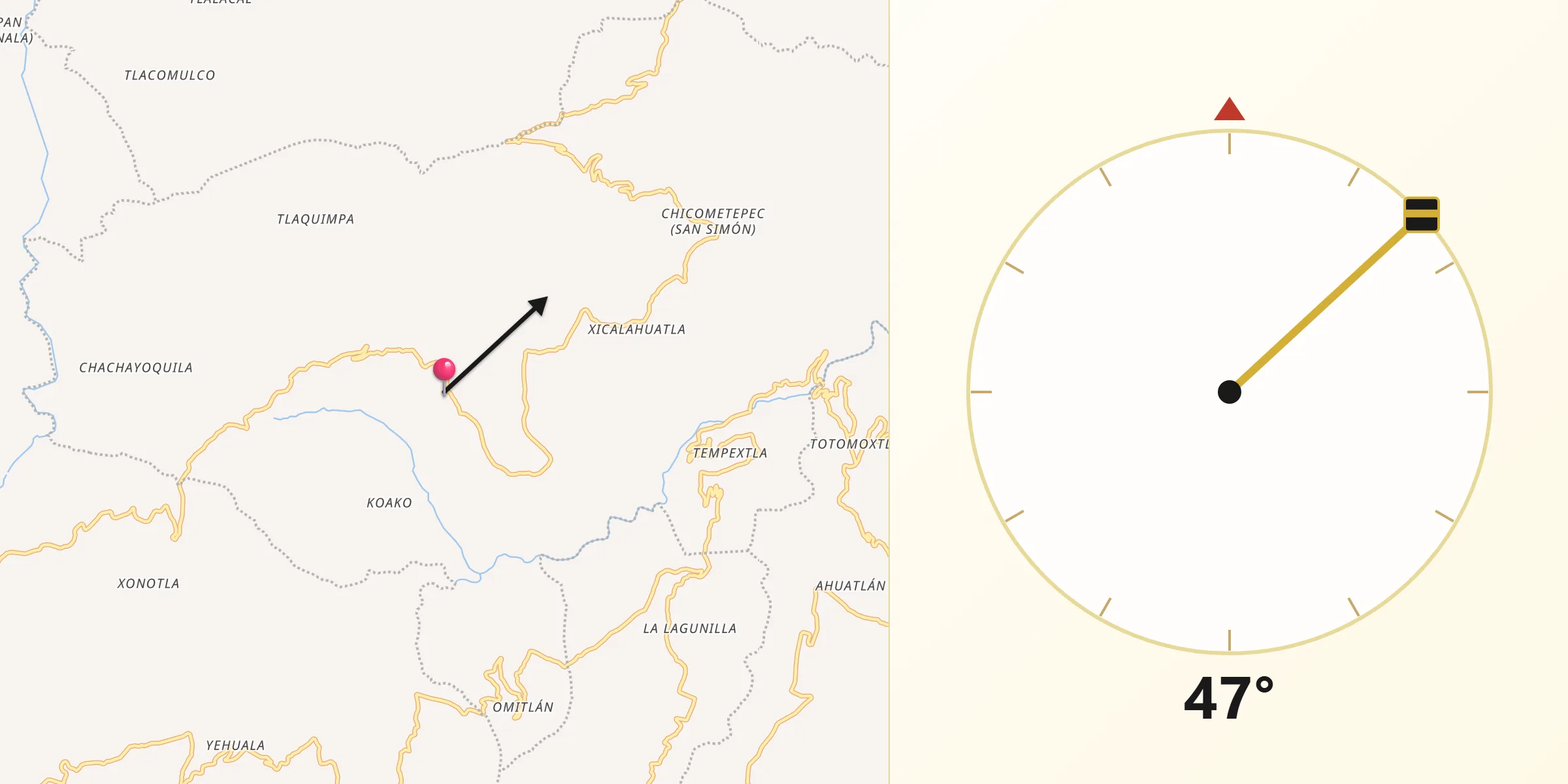 Dirección de la Qibla desde Xochitlaxco (San Baltazar)