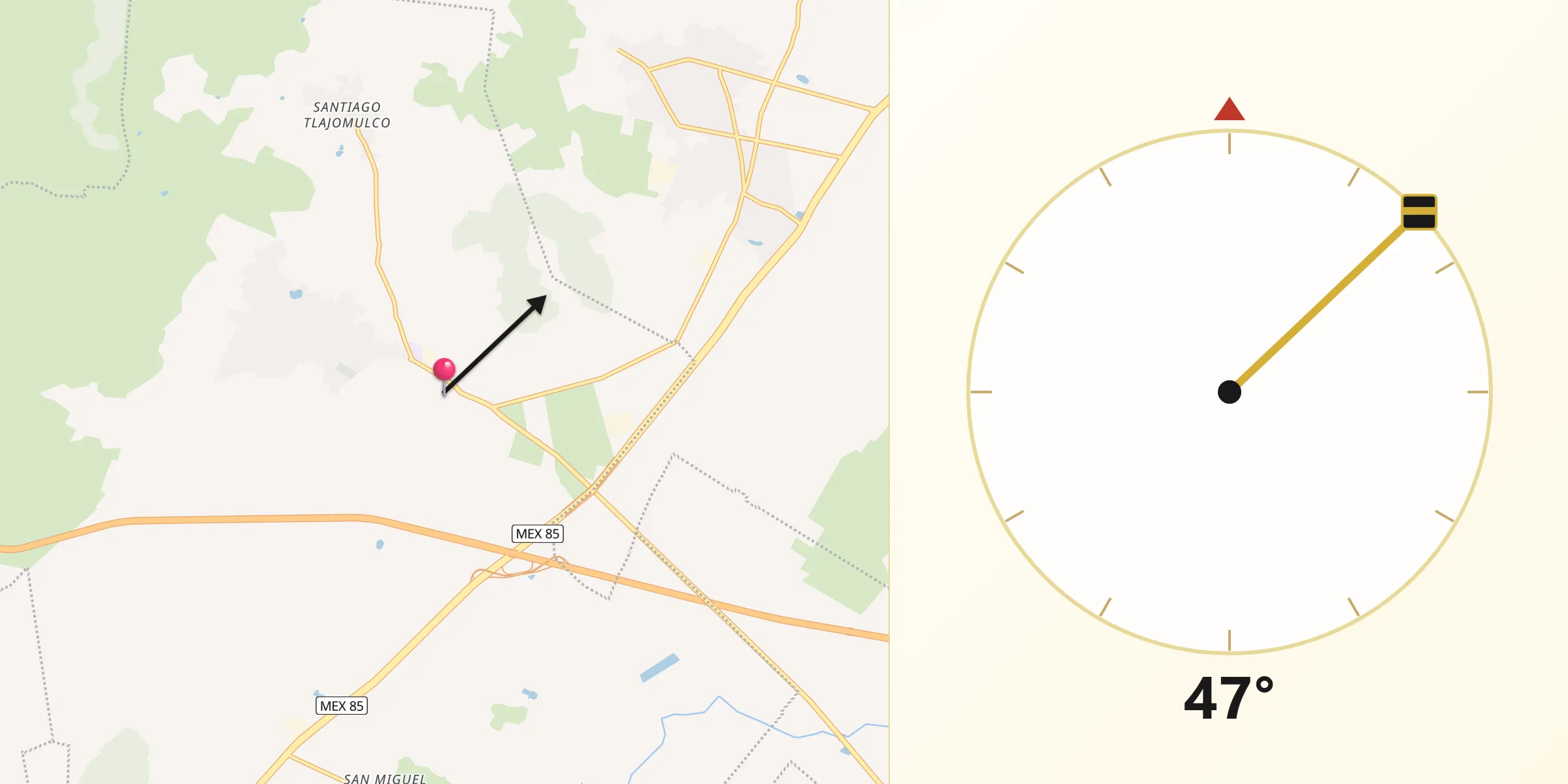 Dirección de la Qibla desde Vicente Guerrero (San Javier)