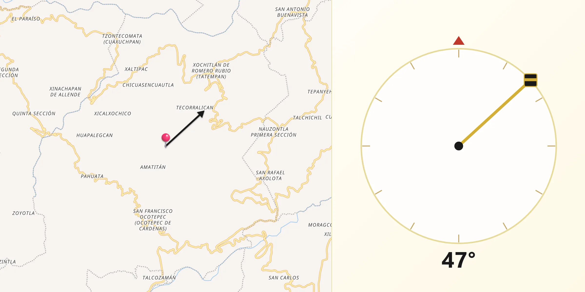 Dirección de la Qibla desde Xochitlán de Vicente Suárez