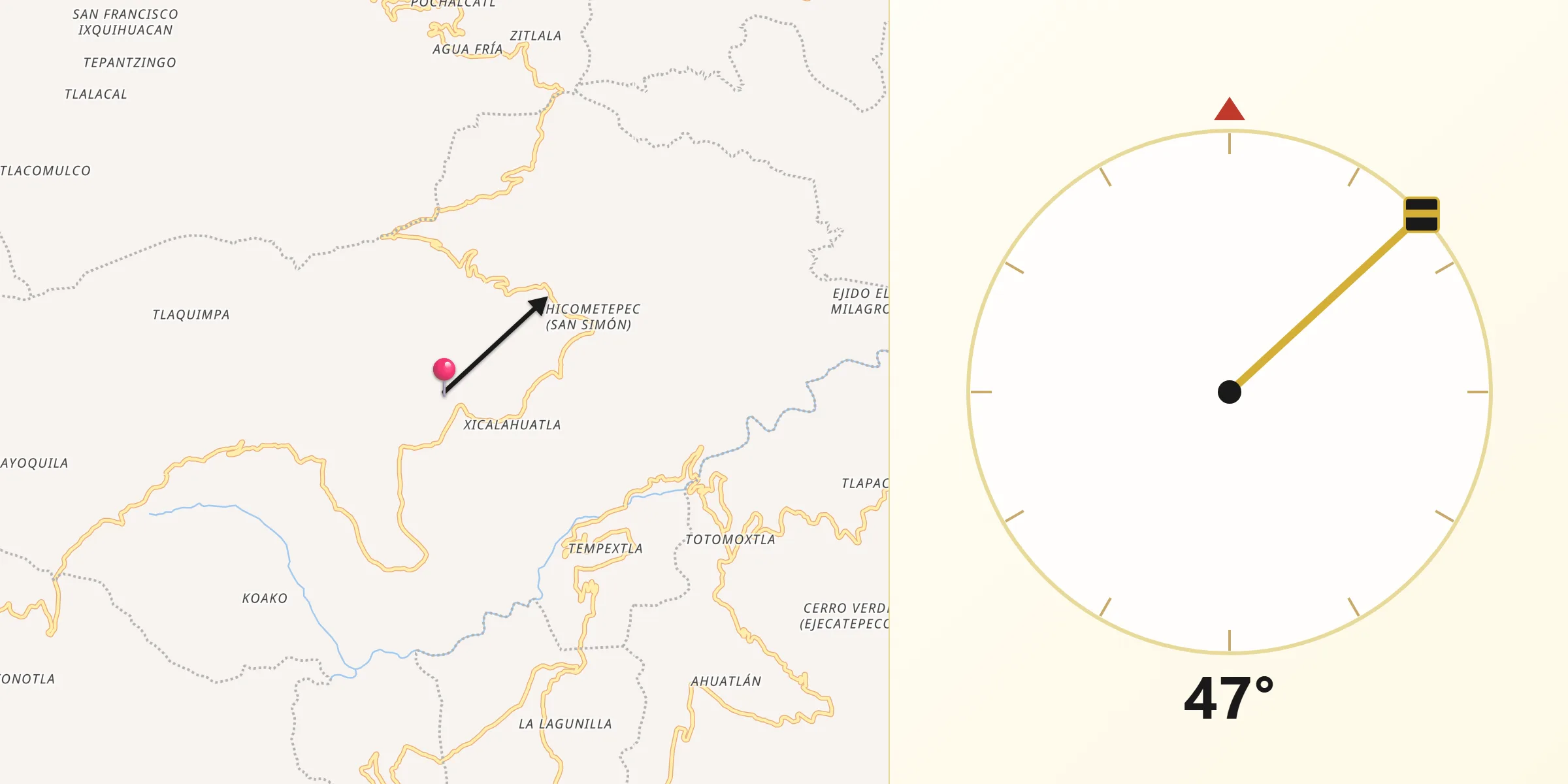 Dirección de la Qibla desde Tepetzintla