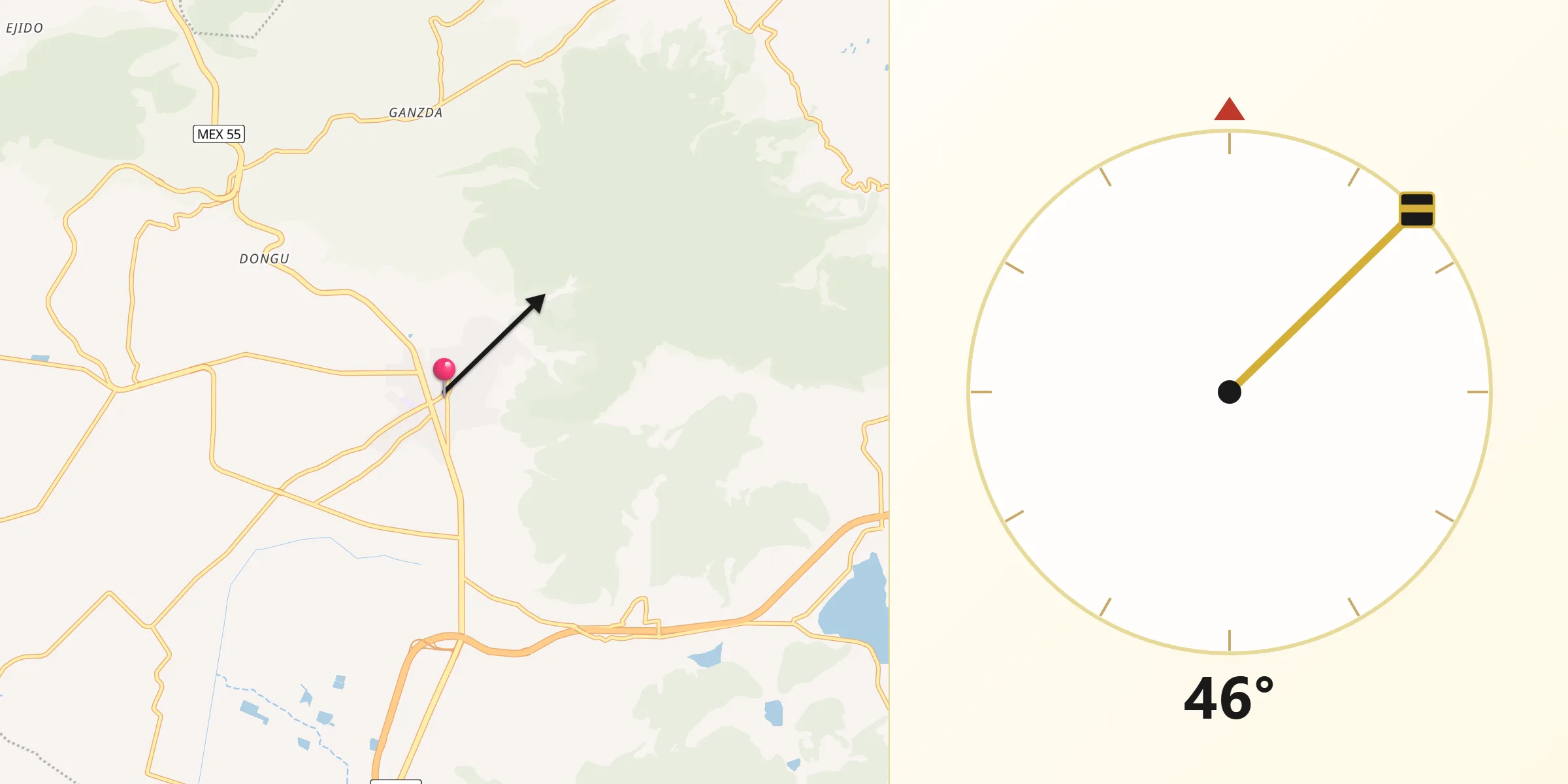 Dirección de la Qibla desde Acambay