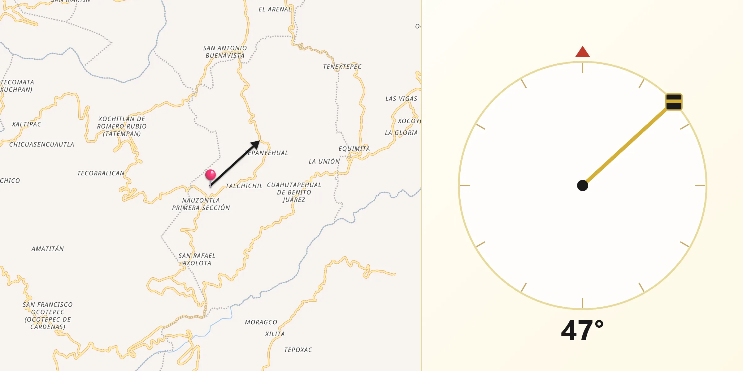 Dirección de la Qibla desde Nauzontla
